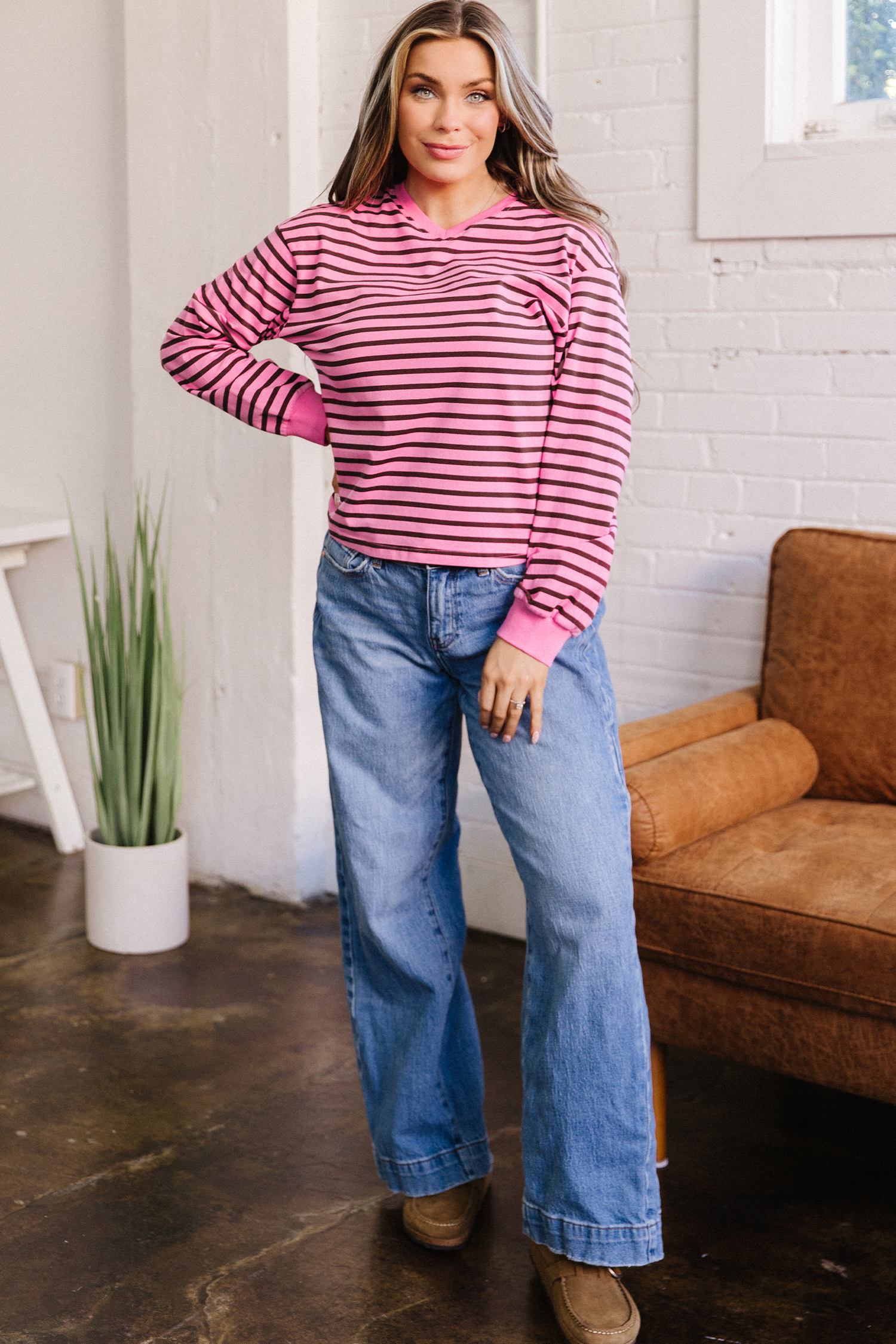 Pink Stripe V Neck Drop Shoulder Long Sleeve Top view 7