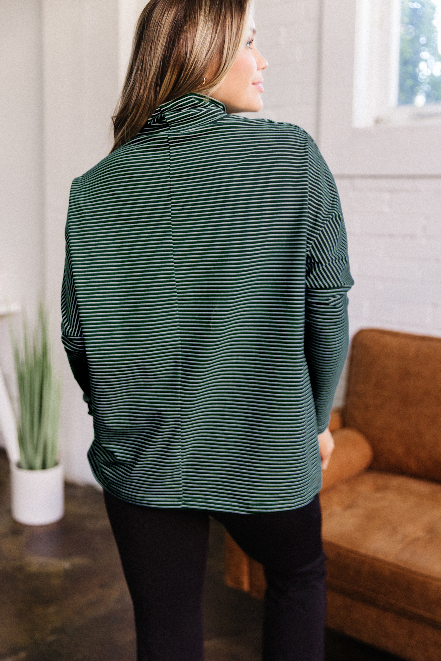 Green Stripe High Neck Dropped Shoulder Long Sleeve Casual Top view 2