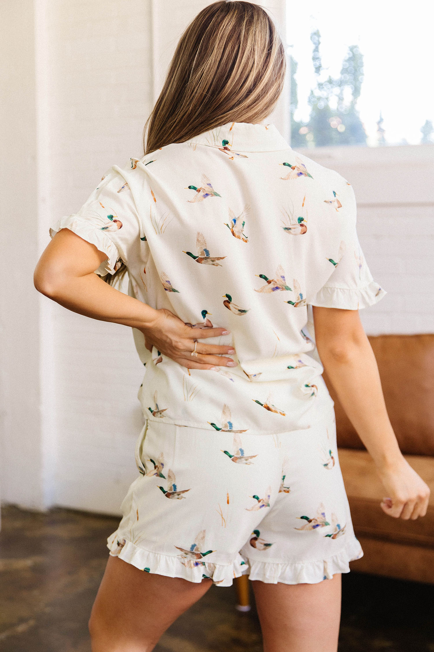 Beige Mallard Print Shirt Style Short Two Piece Set view 2