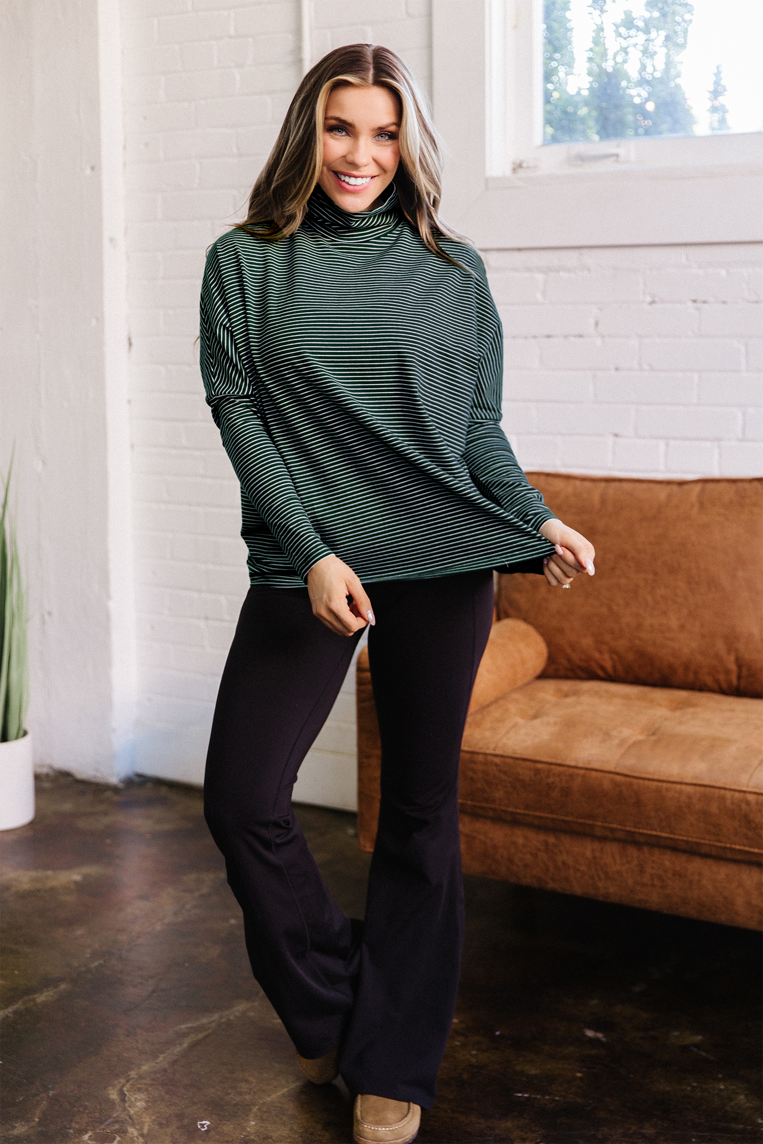Green Stripe High Neck Dropped Shoulder Long Sleeve Casual Top view 7
