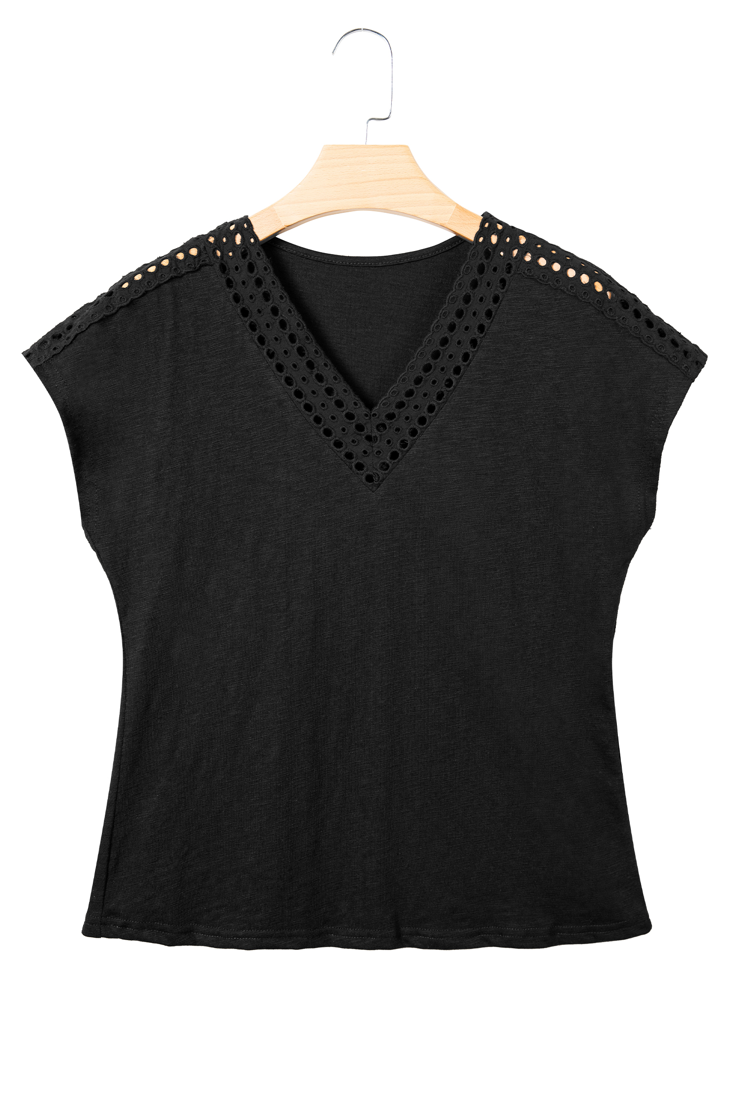 Black Cutout Embroidered Trim V Neck Cap Sleeve Tee view 16