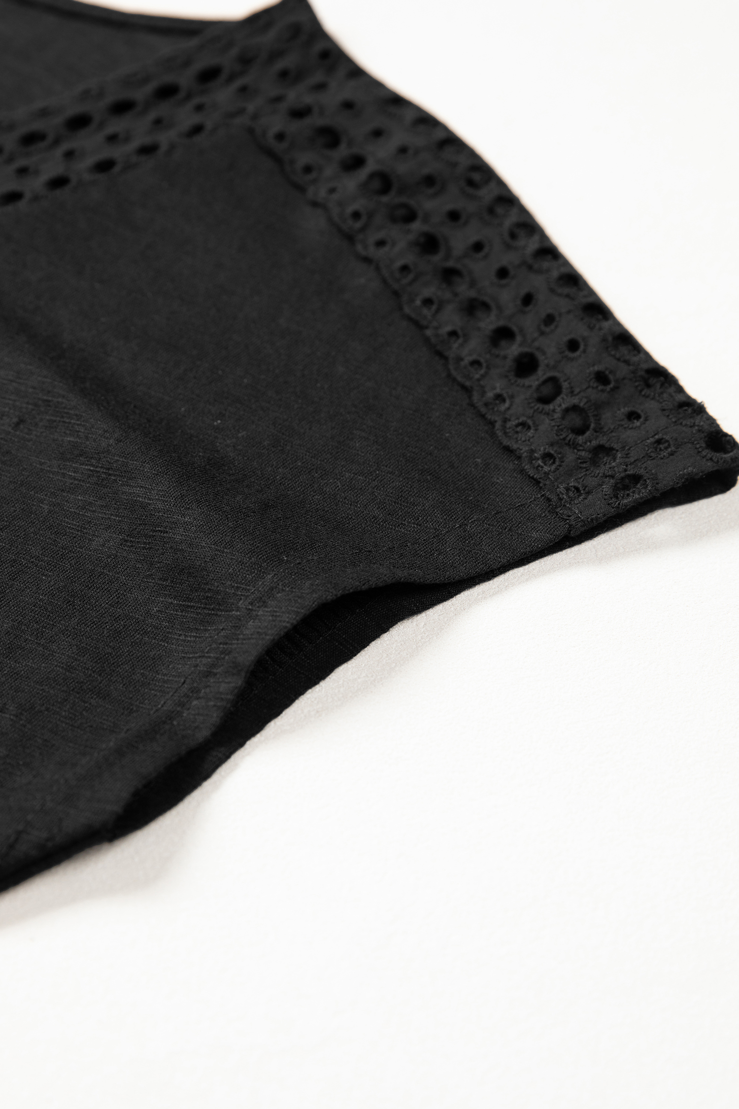 Black Cutout Embroidered Trim V Neck Cap Sleeve Tee view 14