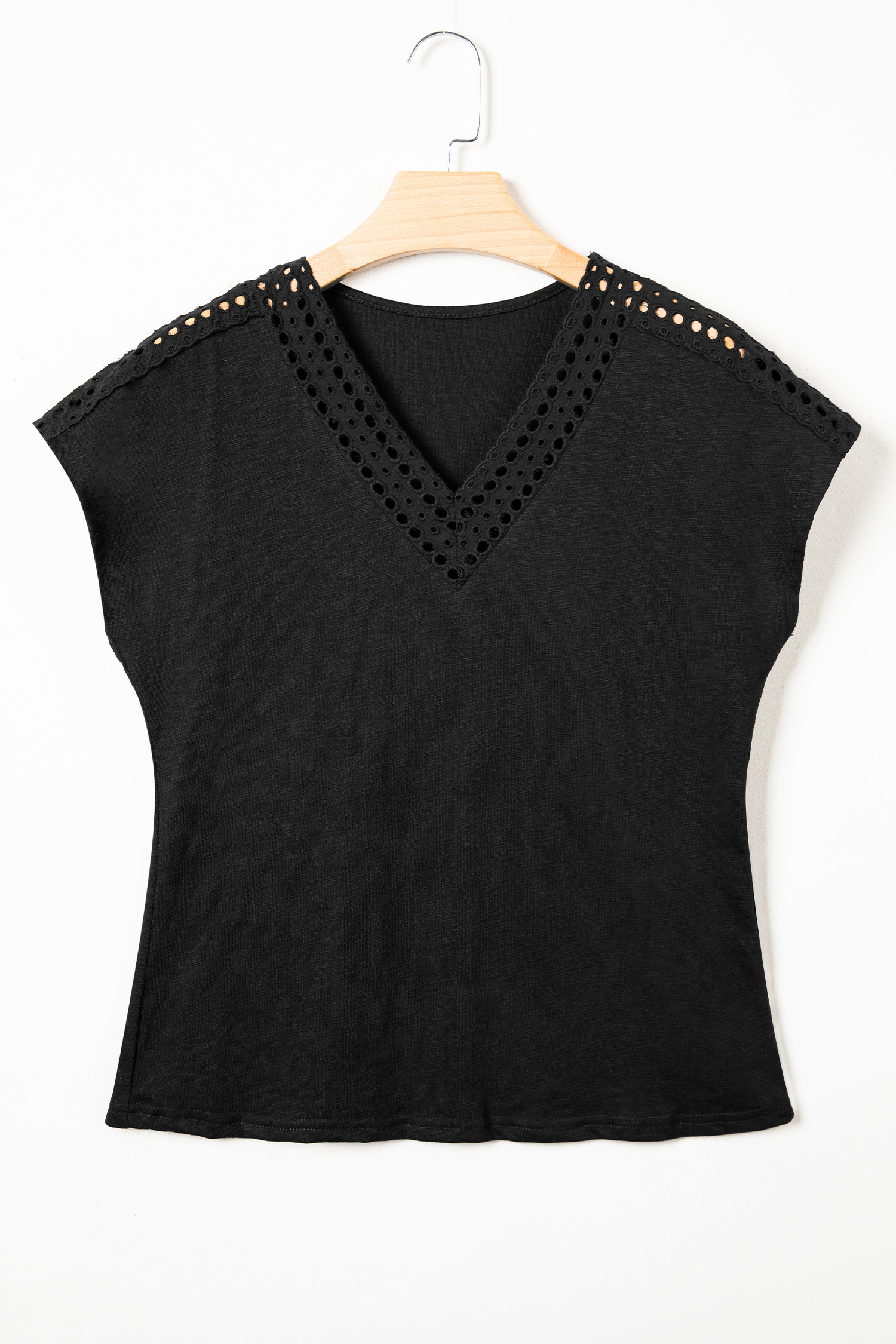 Black Cutout Embroidered Trim V Neck Cap Sleeve Tee view 9