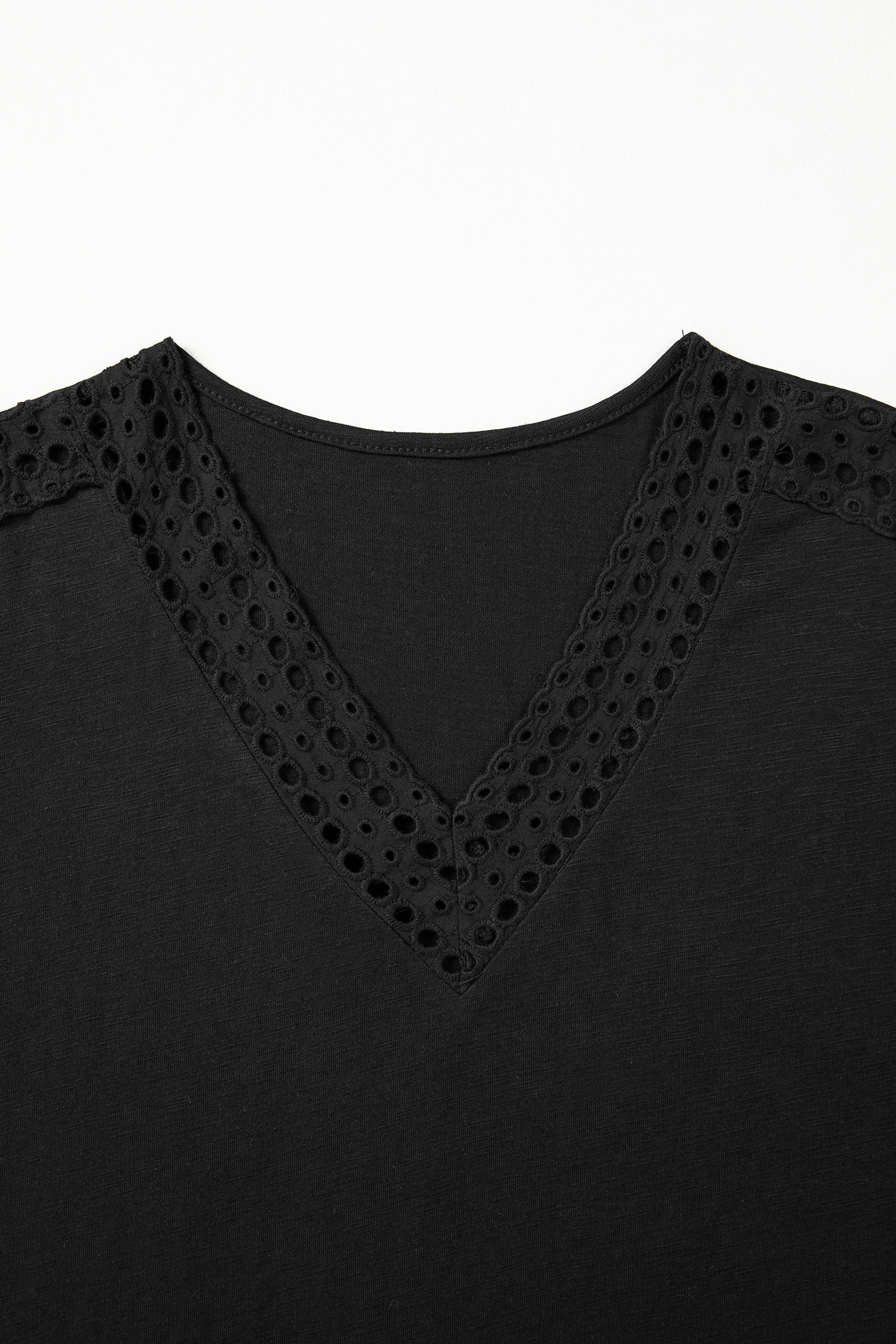 Black Cutout Embroidered Trim V Neck Cap Sleeve Tee view 11