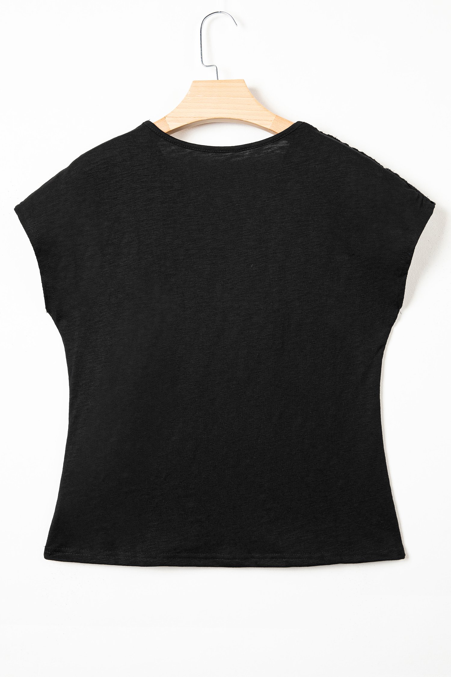 Black Cutout Embroidered Trim V Neck Cap Sleeve Tee view 10