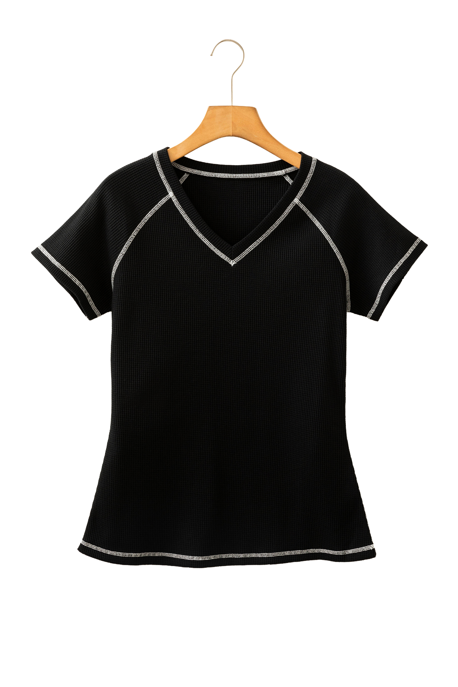 Black Waffle Textured Contrast Trim V Neck Tee view 11