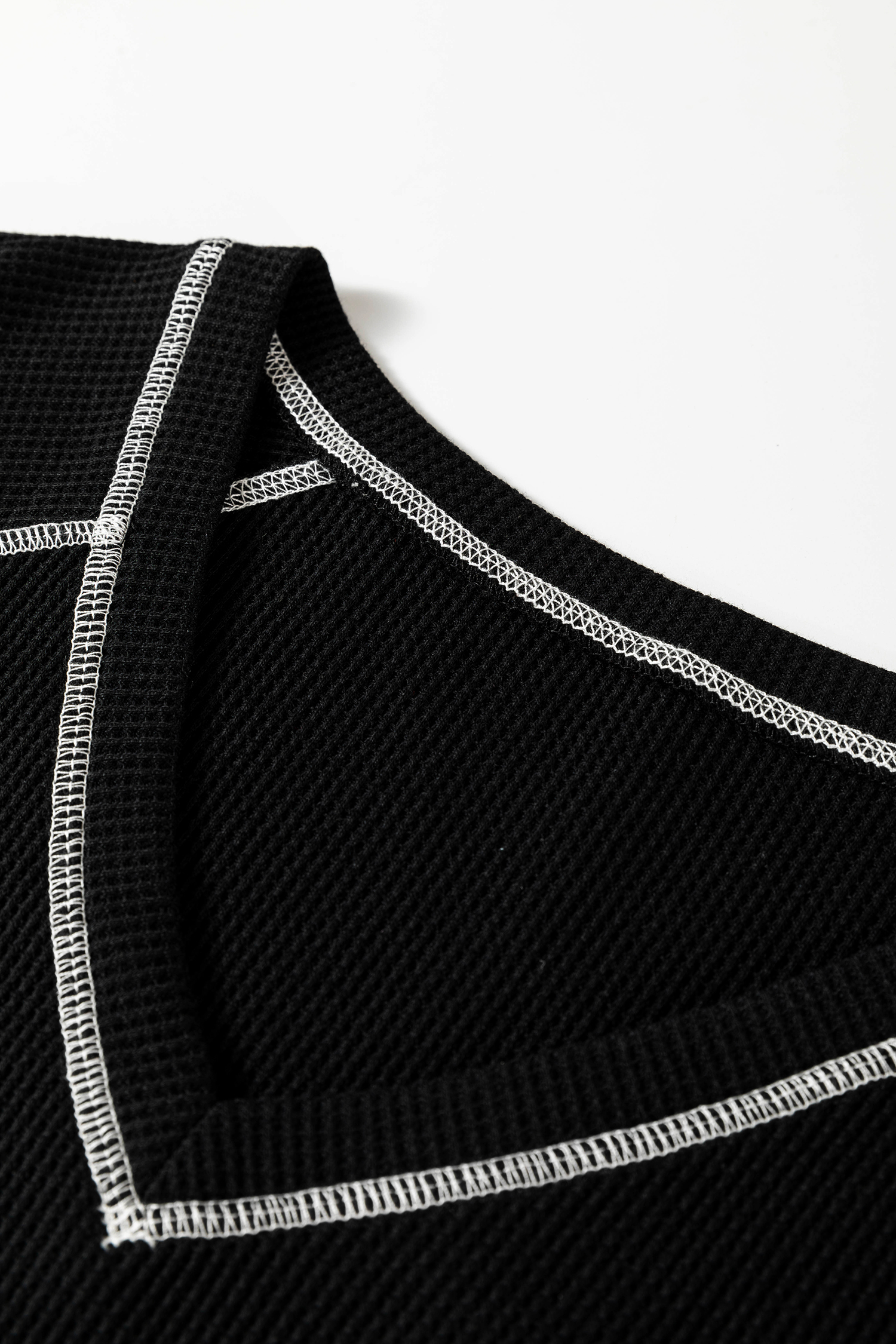 Black Waffle Textured Contrast Trim V Neck Tee view 6