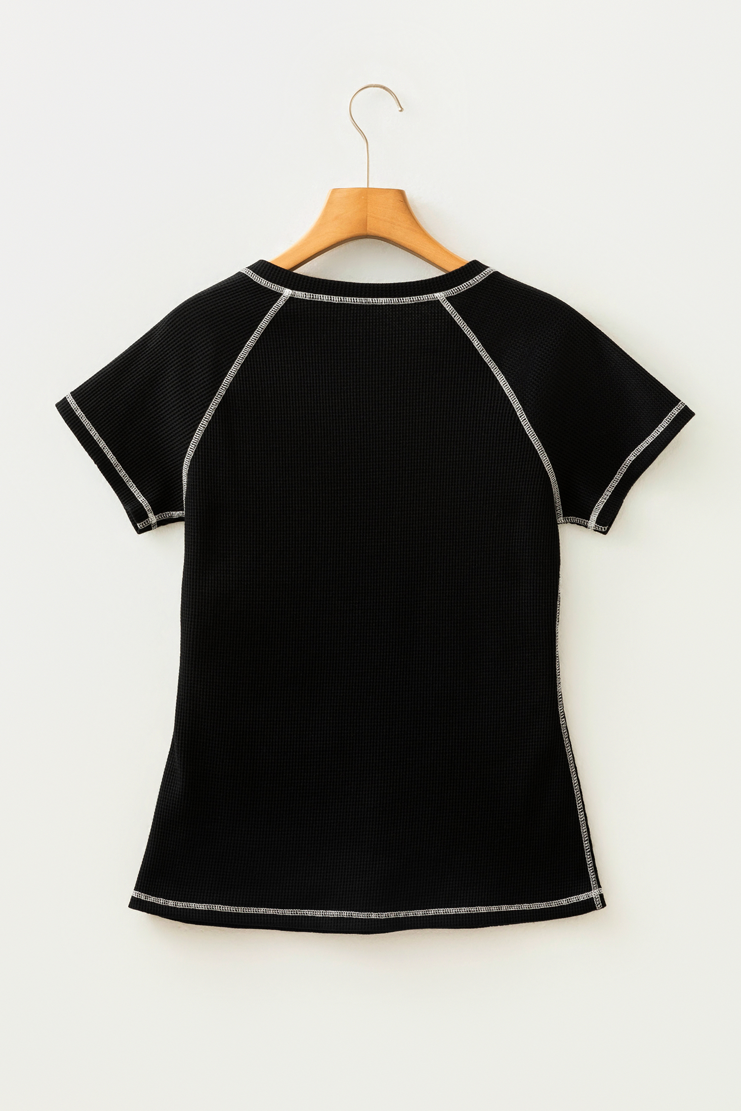 Black Waffle Textured Contrast Trim V Neck Tee view 5