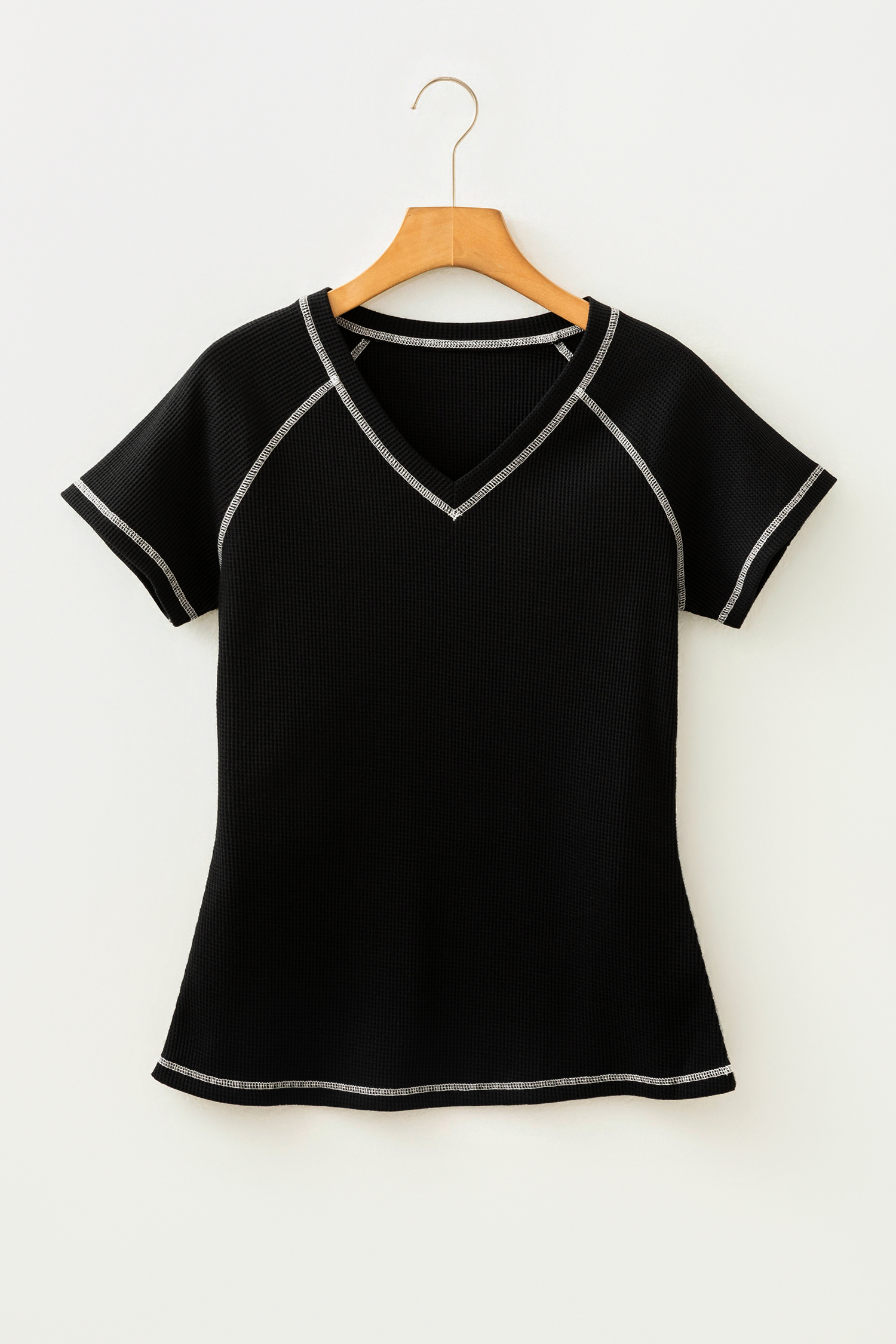 Black Waffle Textured Contrast Trim V Neck Tee view 4