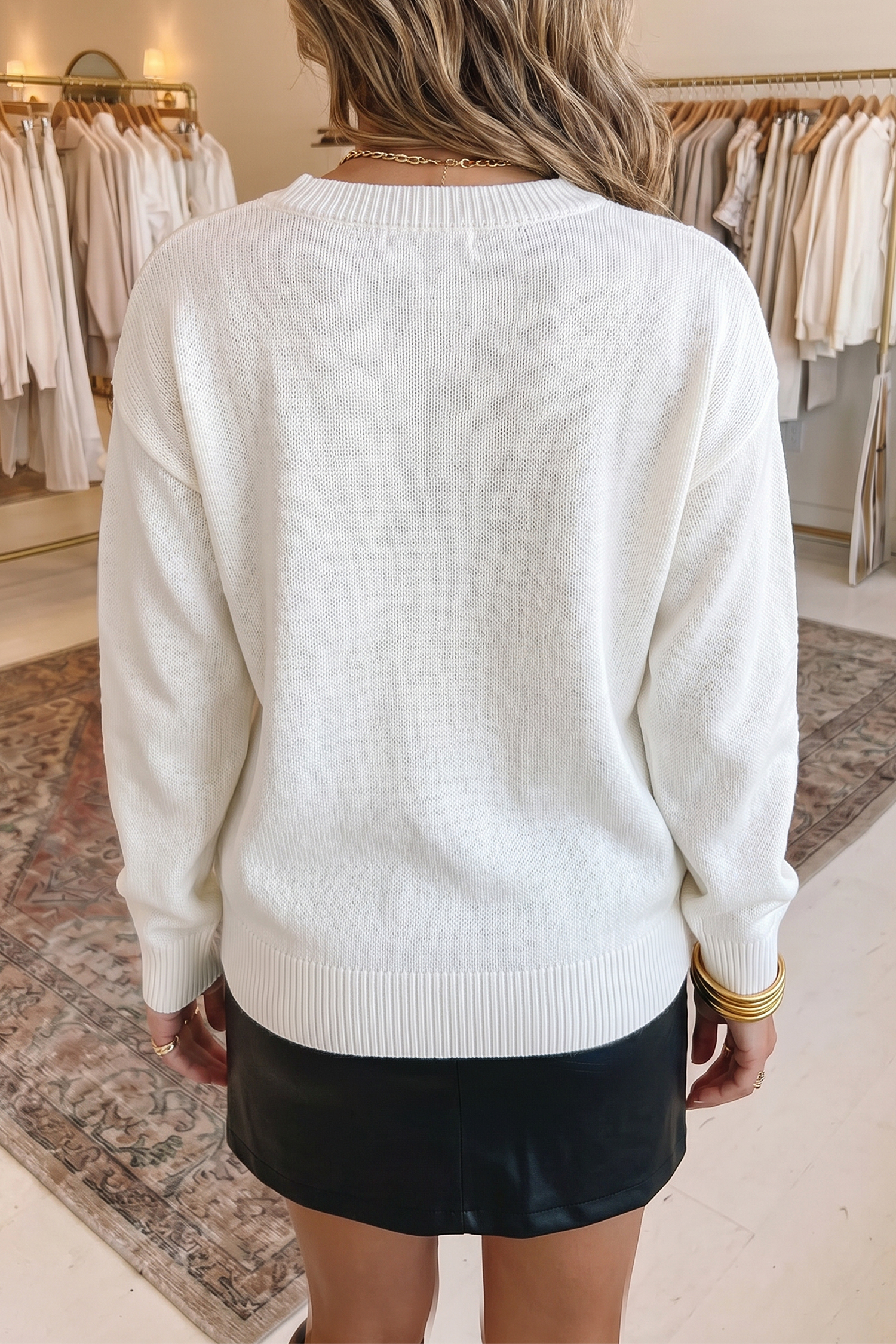 White Drop Shoulder Round Neck Long Sleeve Pullover Sweater view 2