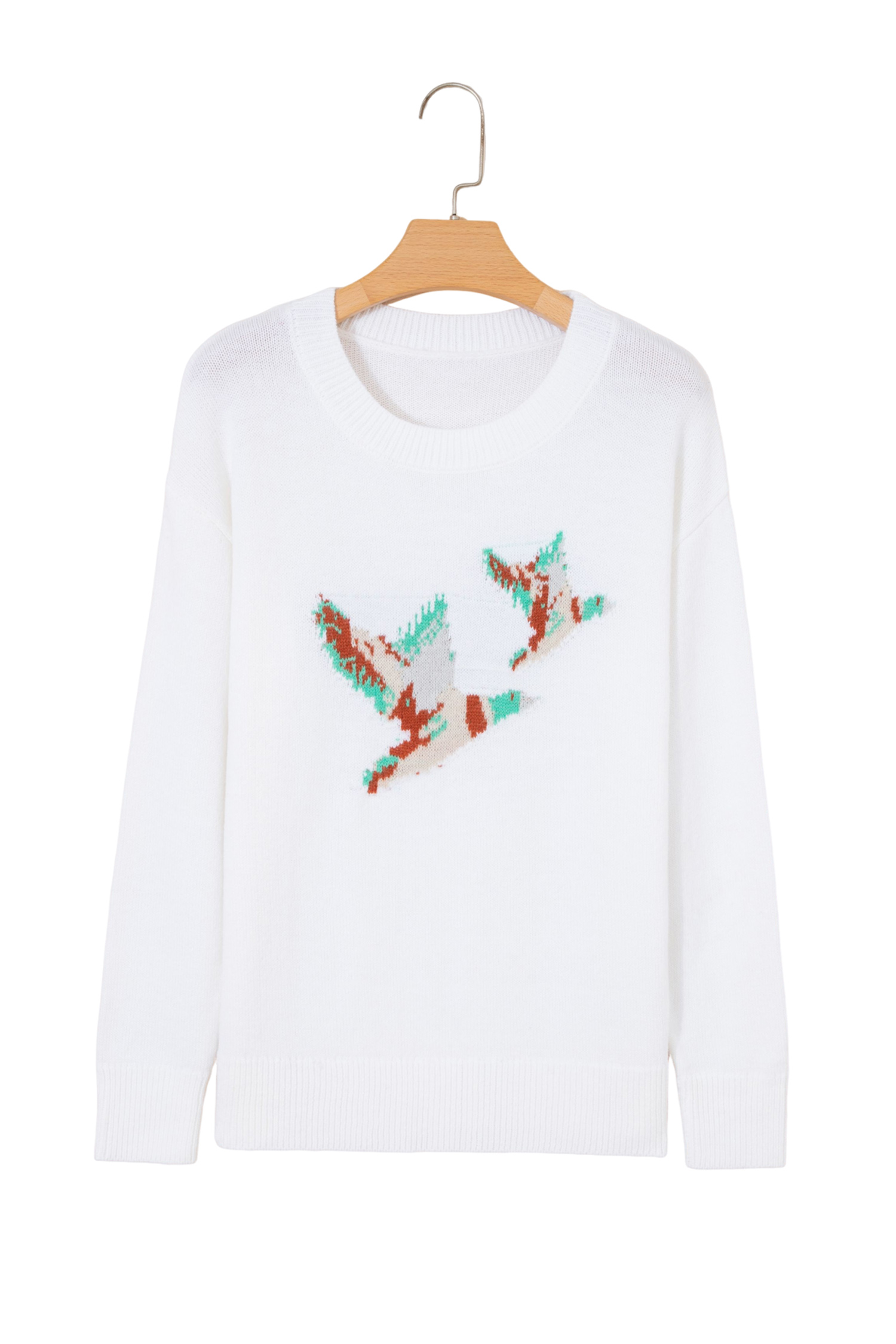 White Drop Shoulder Round Neck Long Sleeve Pullover Sweater view 16