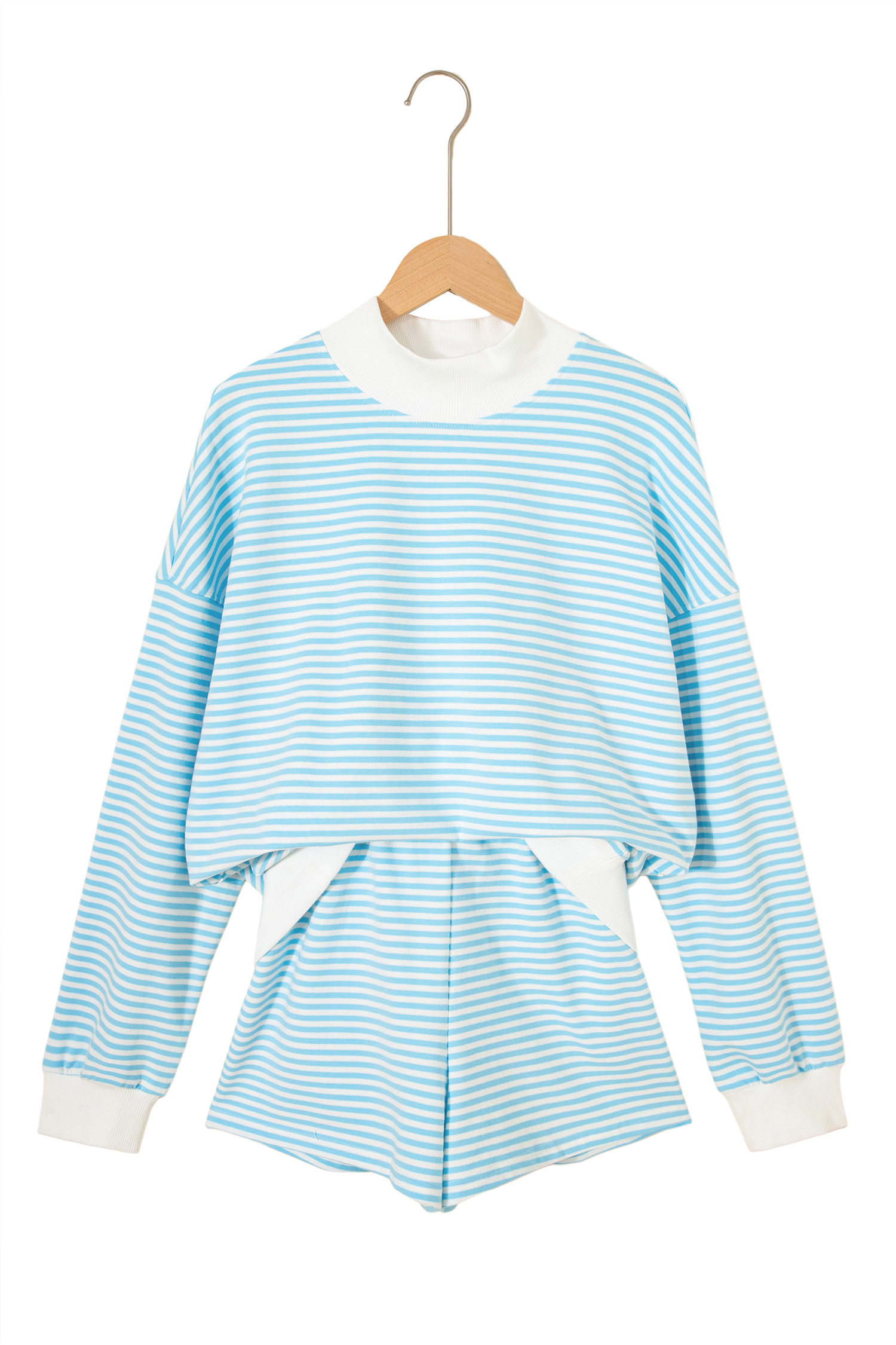 Sky Blue Stripe Oversize Mock Neck Sweatshirt and Shorts Set view 19