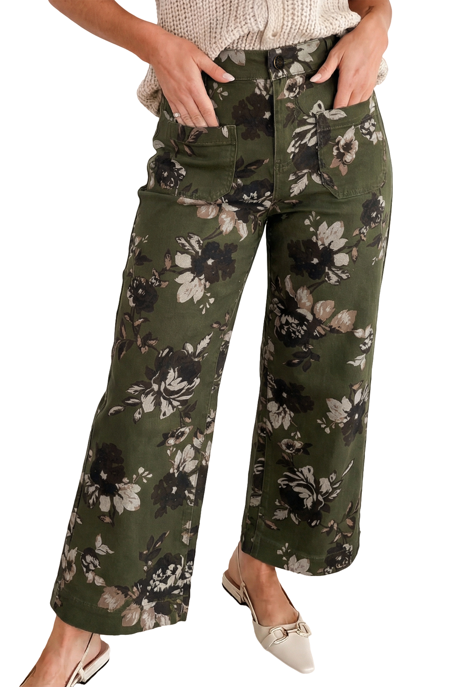 Green Vintage Floral Print Square Patch Pocket Raw Hem Shift Jeans view 21