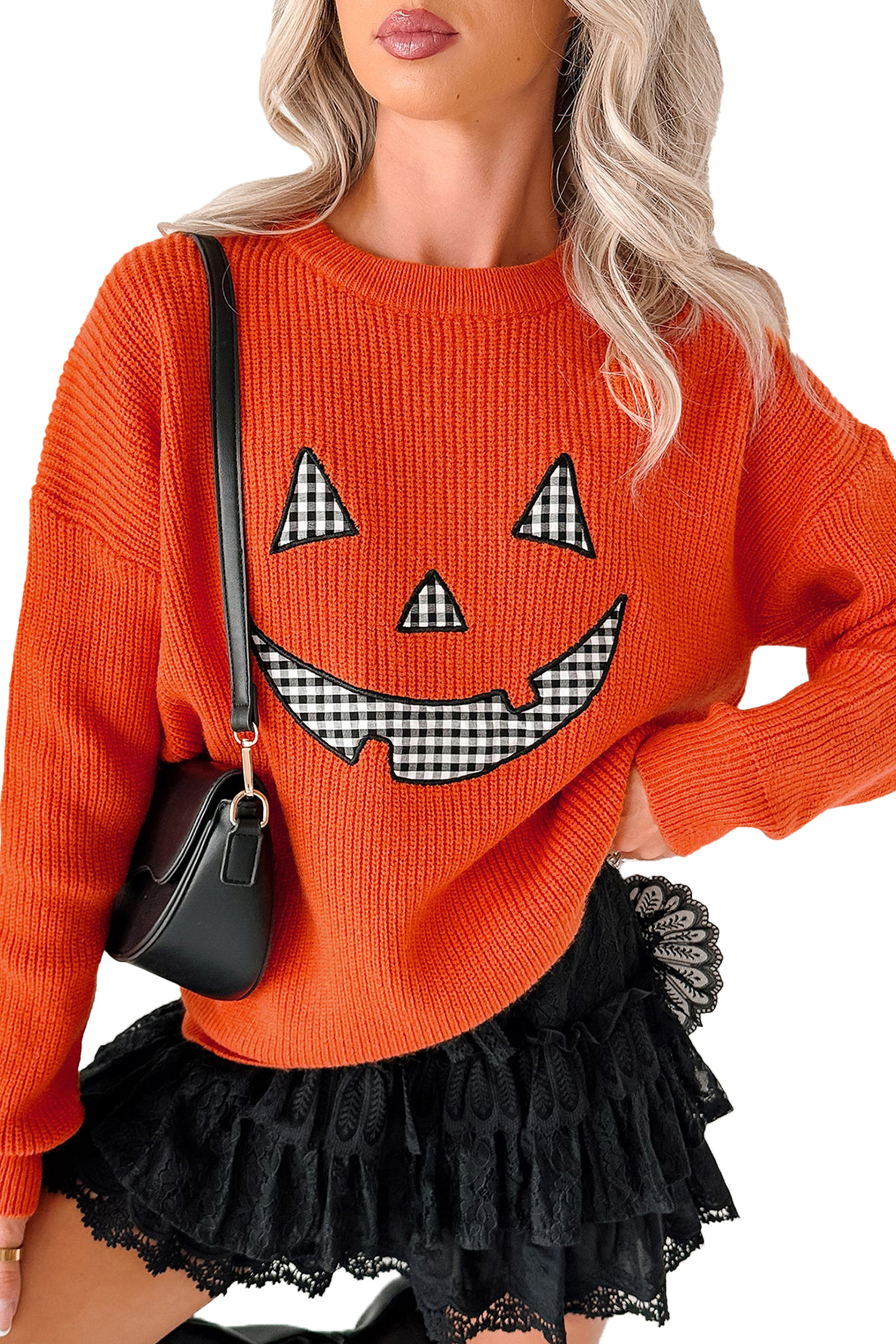 Orange Drop Shoulder Long Sleeve Round Neck Halloween Sweater view 19