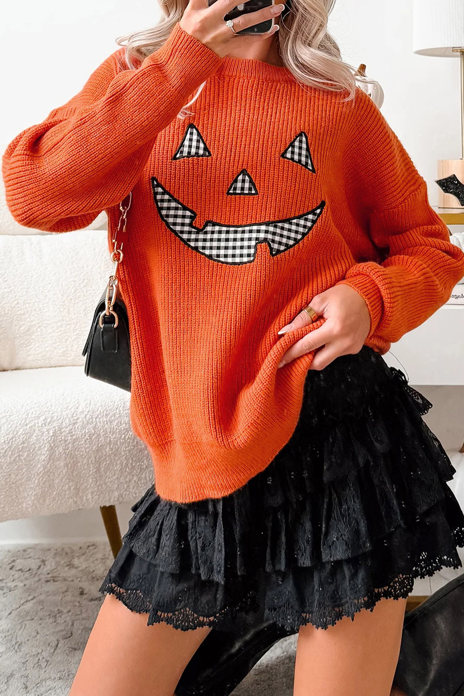 Orange Drop Shoulder Long Sleeve Round Neck Halloween Sweater view 12