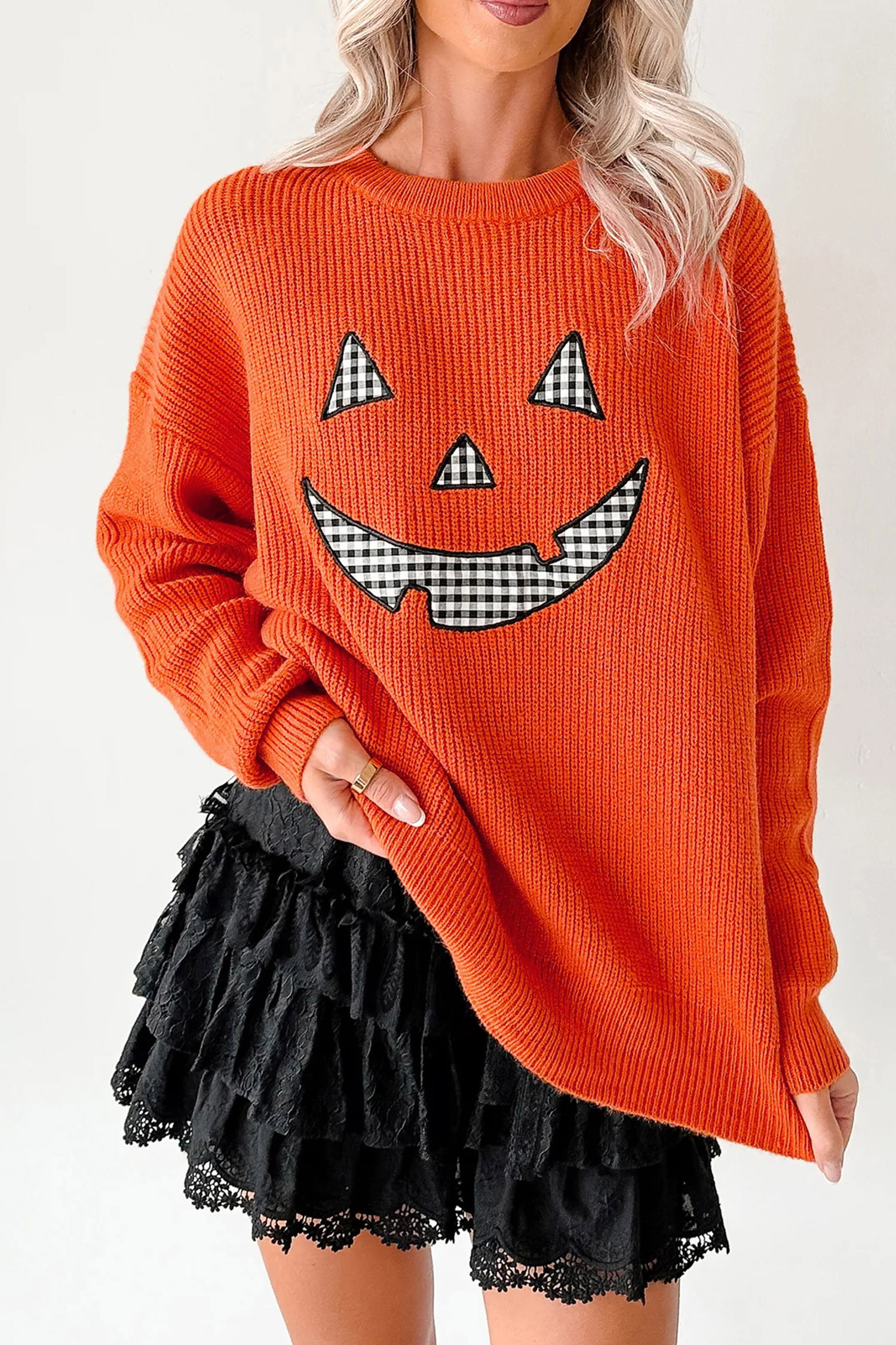 Orange Drop Shoulder Long Sleeve Round Neck Halloween Sweater view 9