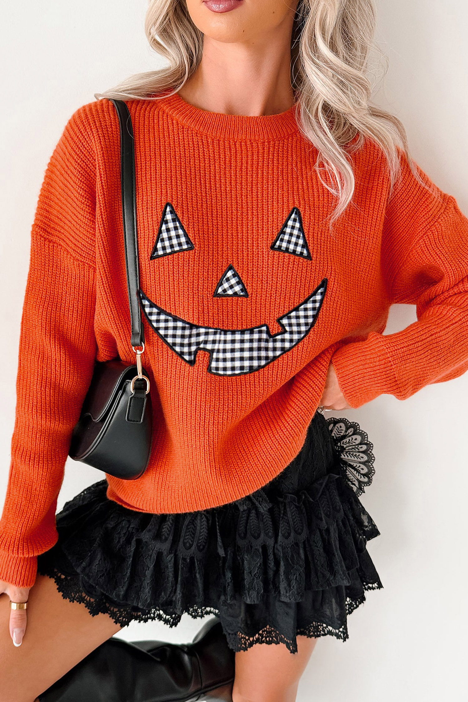 Orange Drop Shoulder Long Sleeve Round Neck Halloween Sweater view 3