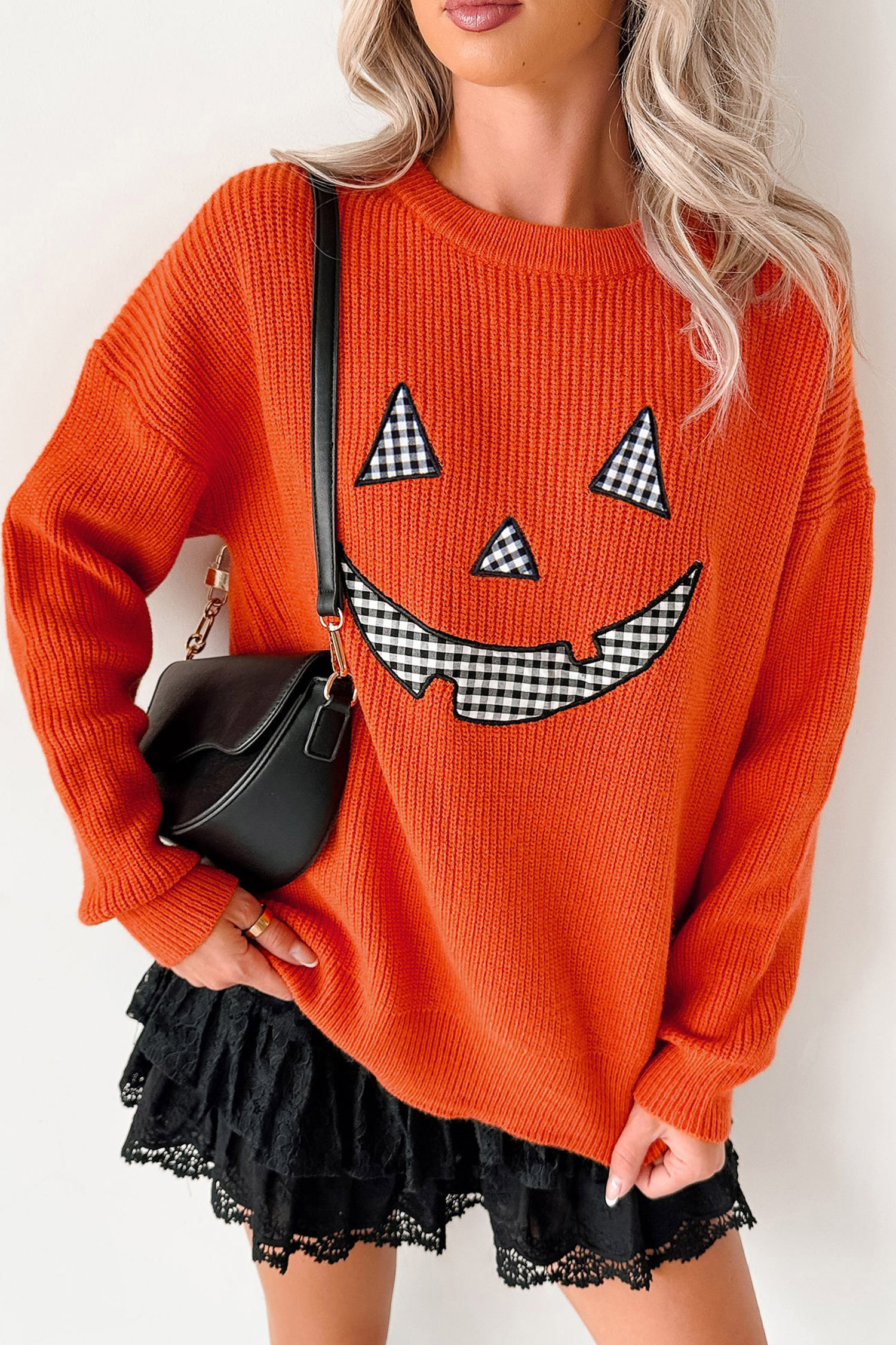 Orange Drop Shoulder Long Sleeve Round Neck Halloween Sweater view 5