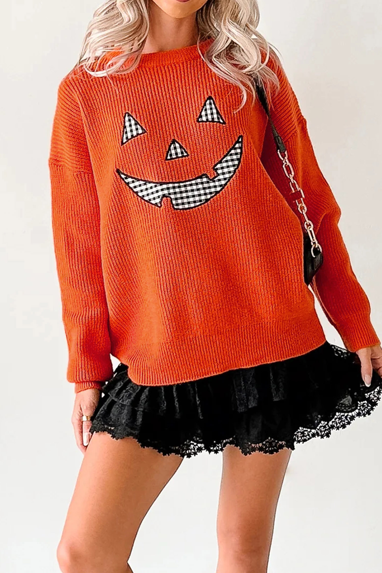 Orange Drop Shoulder Long Sleeve Round Neck Halloween Sweater view 7