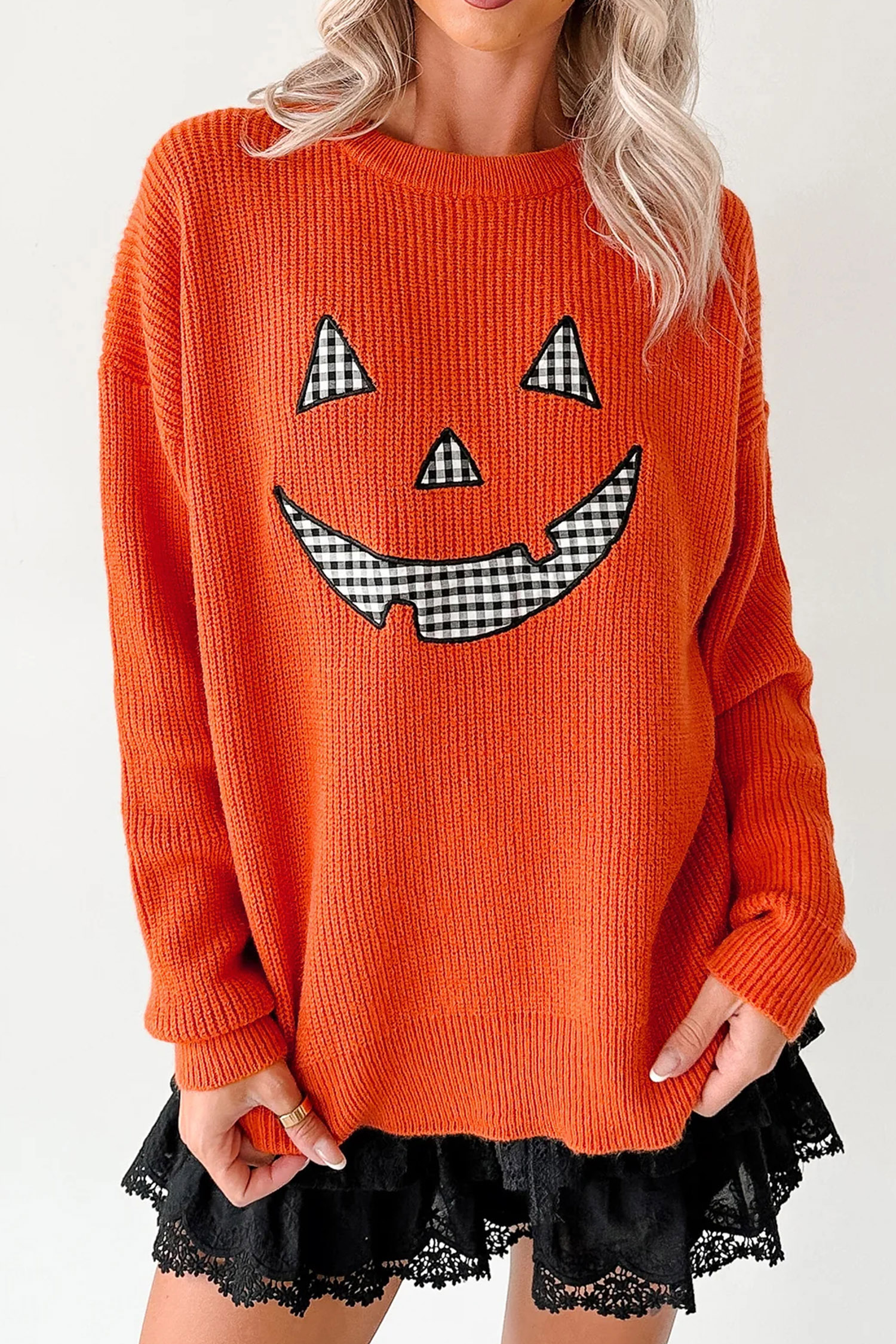 Orange Drop Shoulder Long Sleeve Round Neck Halloween Sweater view 10