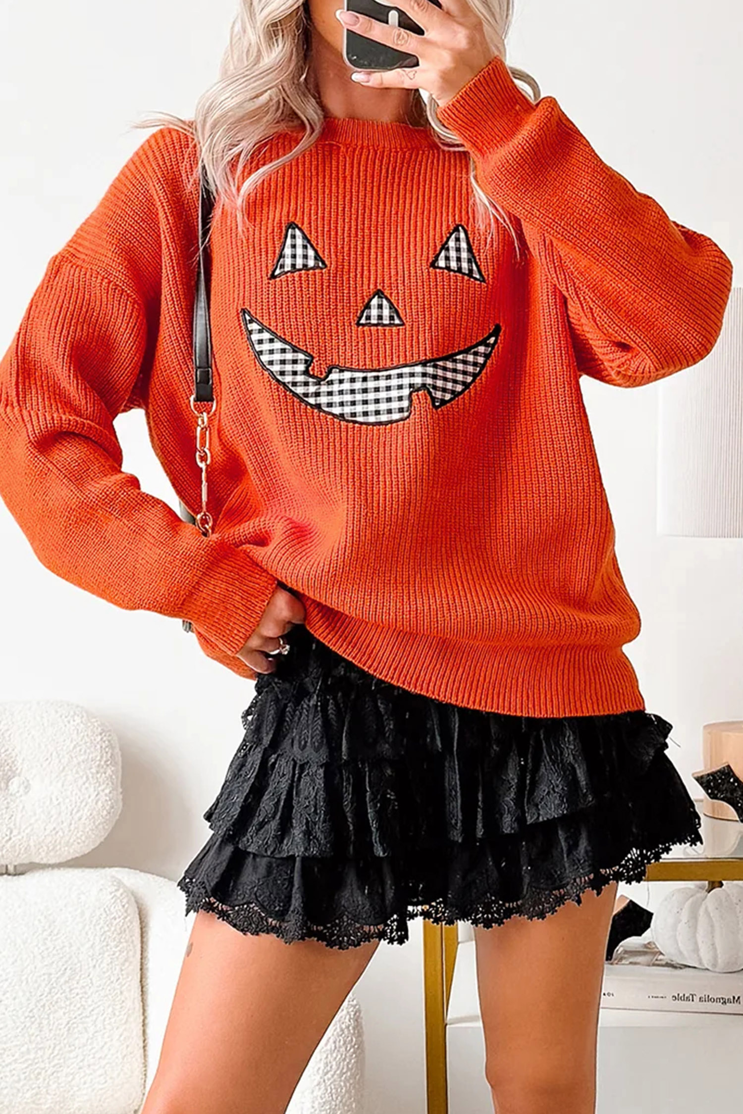 Orange Drop Shoulder Long Sleeve Round Neck Halloween Sweater view 13