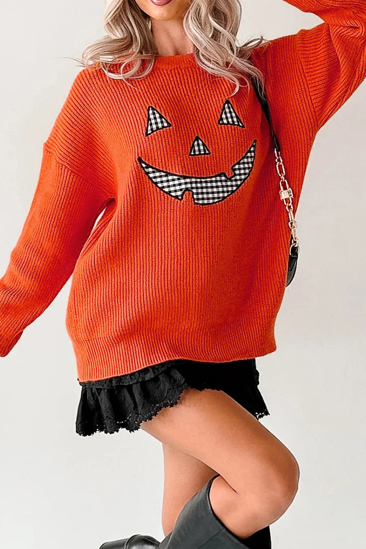 Orange Drop Shoulder Long Sleeve Round Neck Halloween Sweater view 11