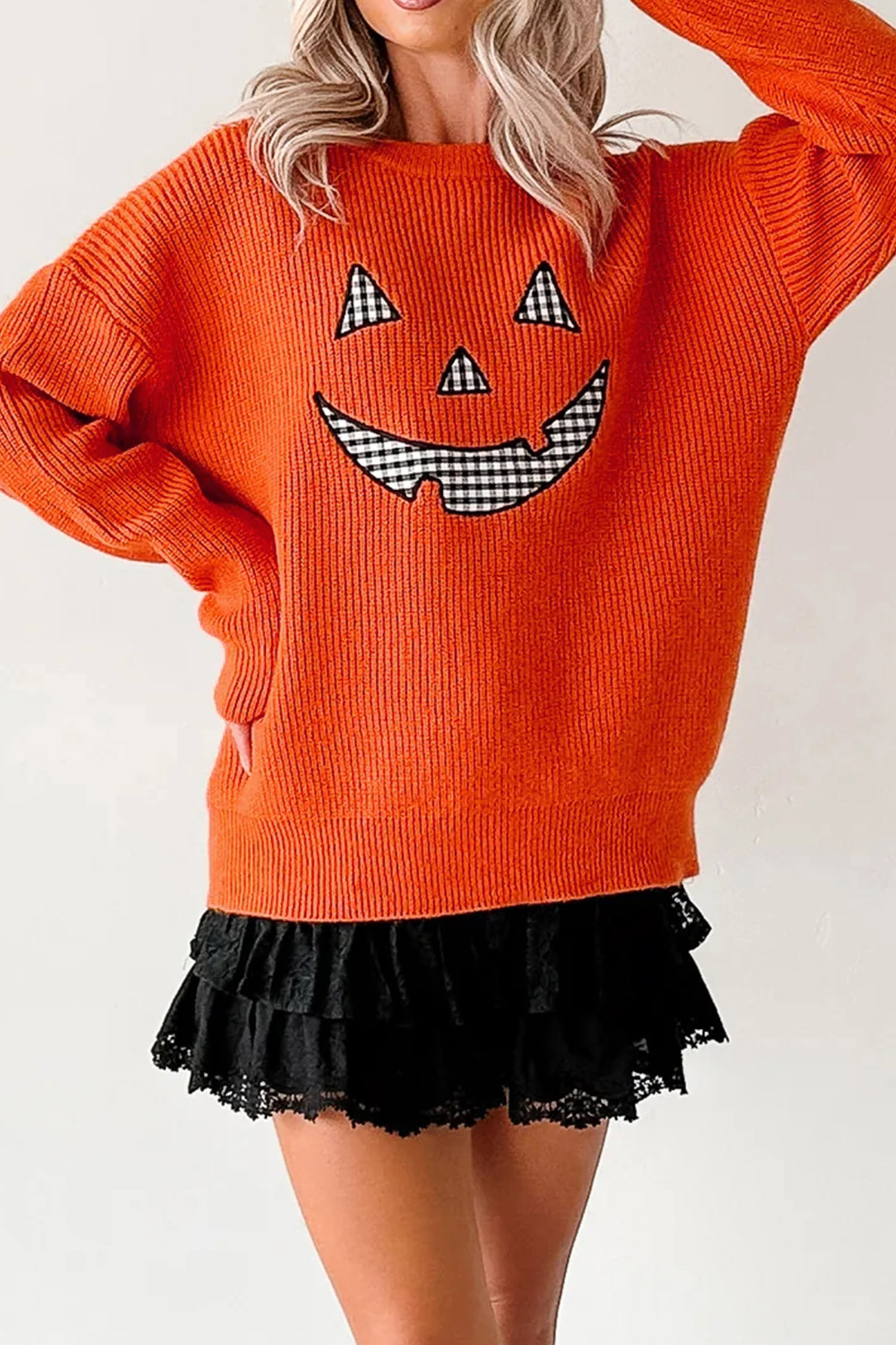 Orange Drop Shoulder Long Sleeve Round Neck Halloween Sweater view 8