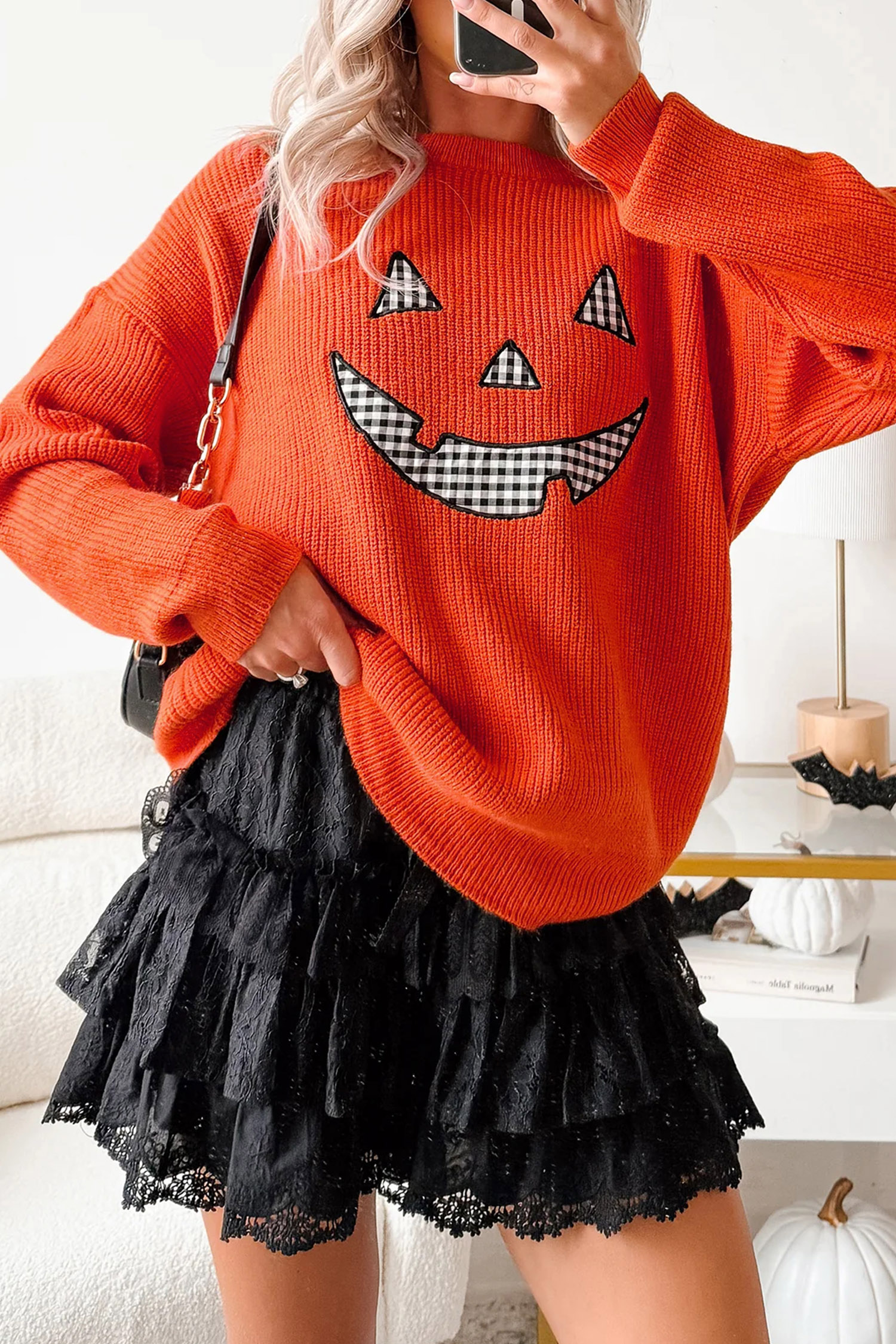 Orange Drop Shoulder Long Sleeve Round Neck Halloween Sweater view 6