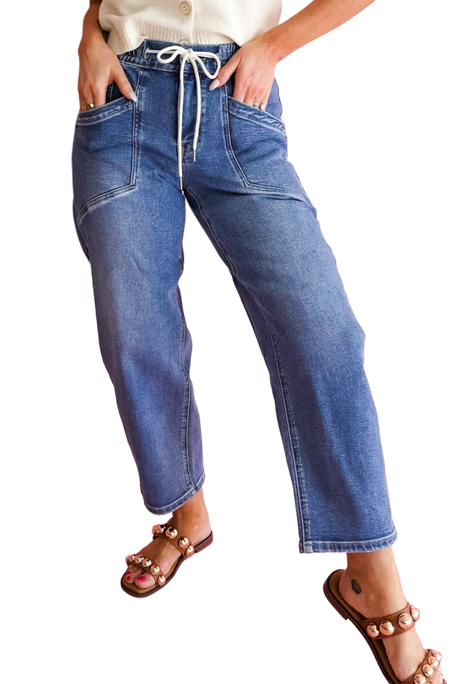 Ashleigh Blue Drawstring Waist Ankle Length Casual Jeans Regular Fit Pocket Detail Denim Pants view 20