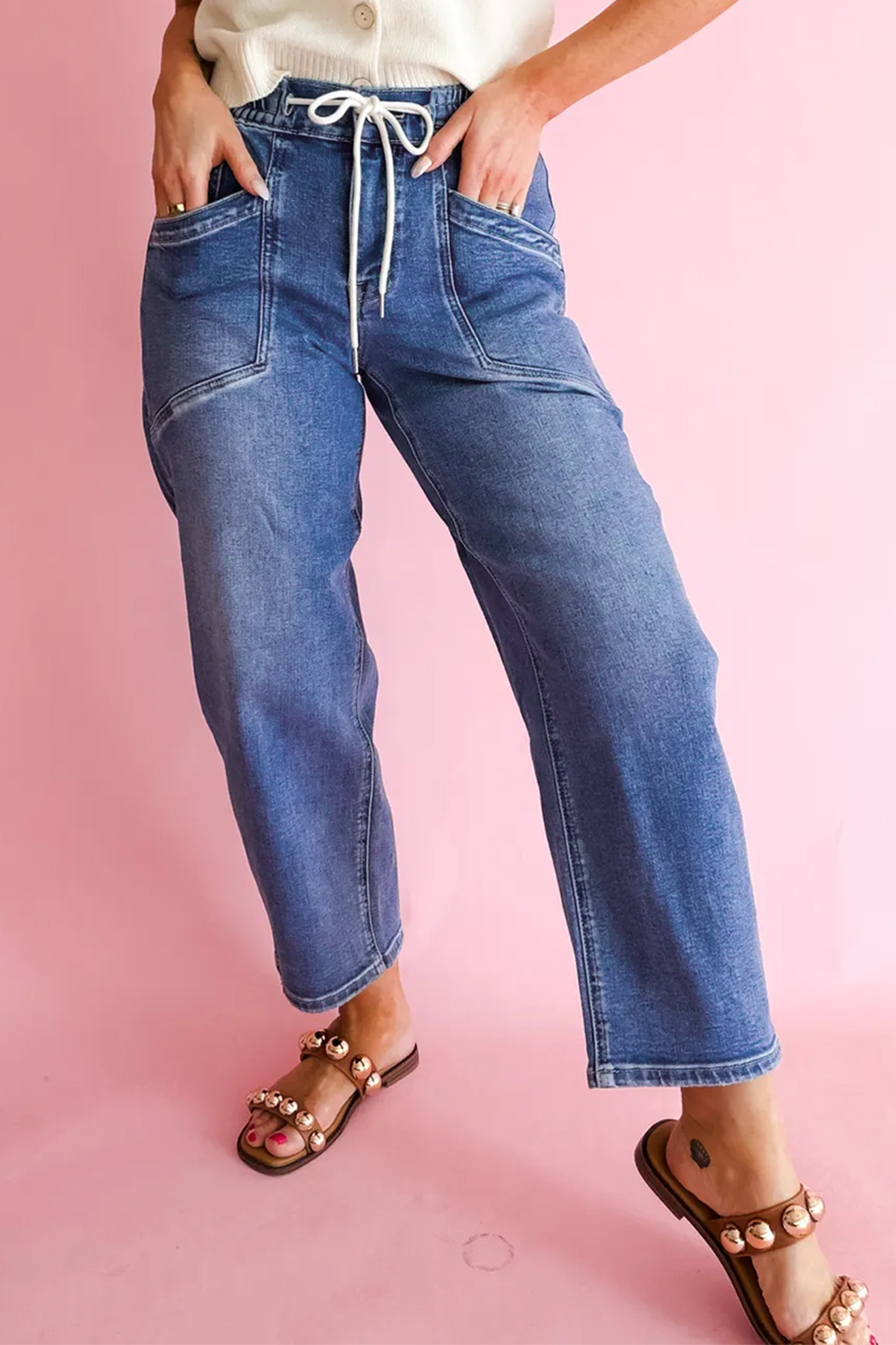 Ashleigh Blue Drawstring Waist Ankle Length Casual Jeans Regular Fit Pocket Detail Denim Pants view 4