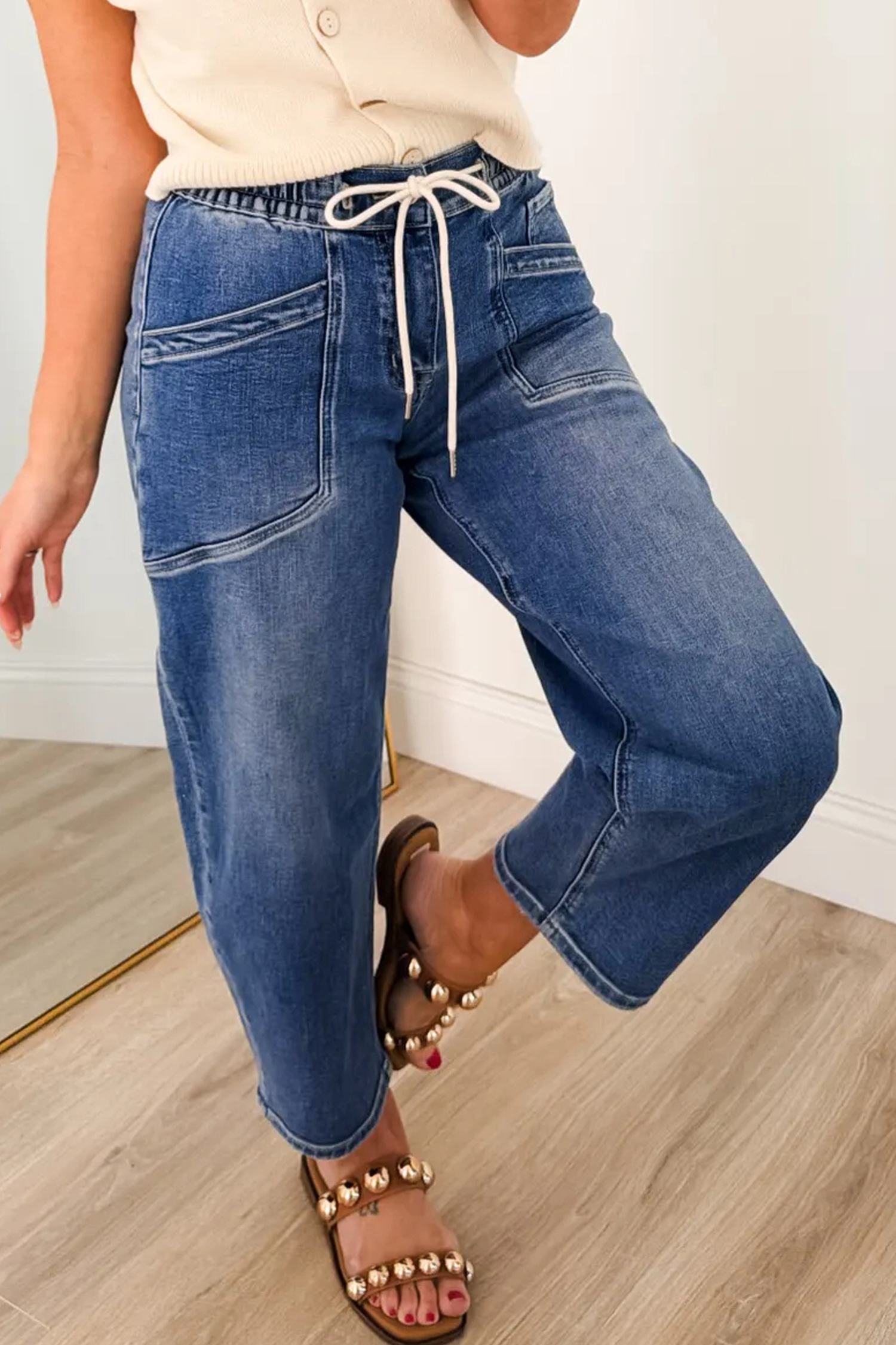 Ashleigh Blue Drawstring Waist Ankle Length Casual Jeans Regular Fit Pocket Detail Denim Pants view 6