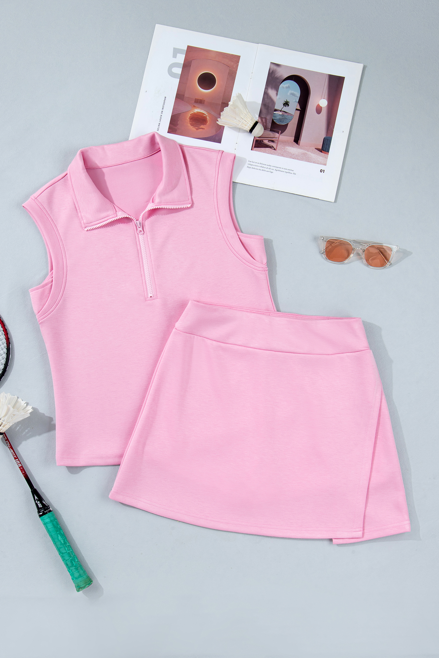 Pink Solid Color Sleeveless Zipper Tank and Skort Set view 11