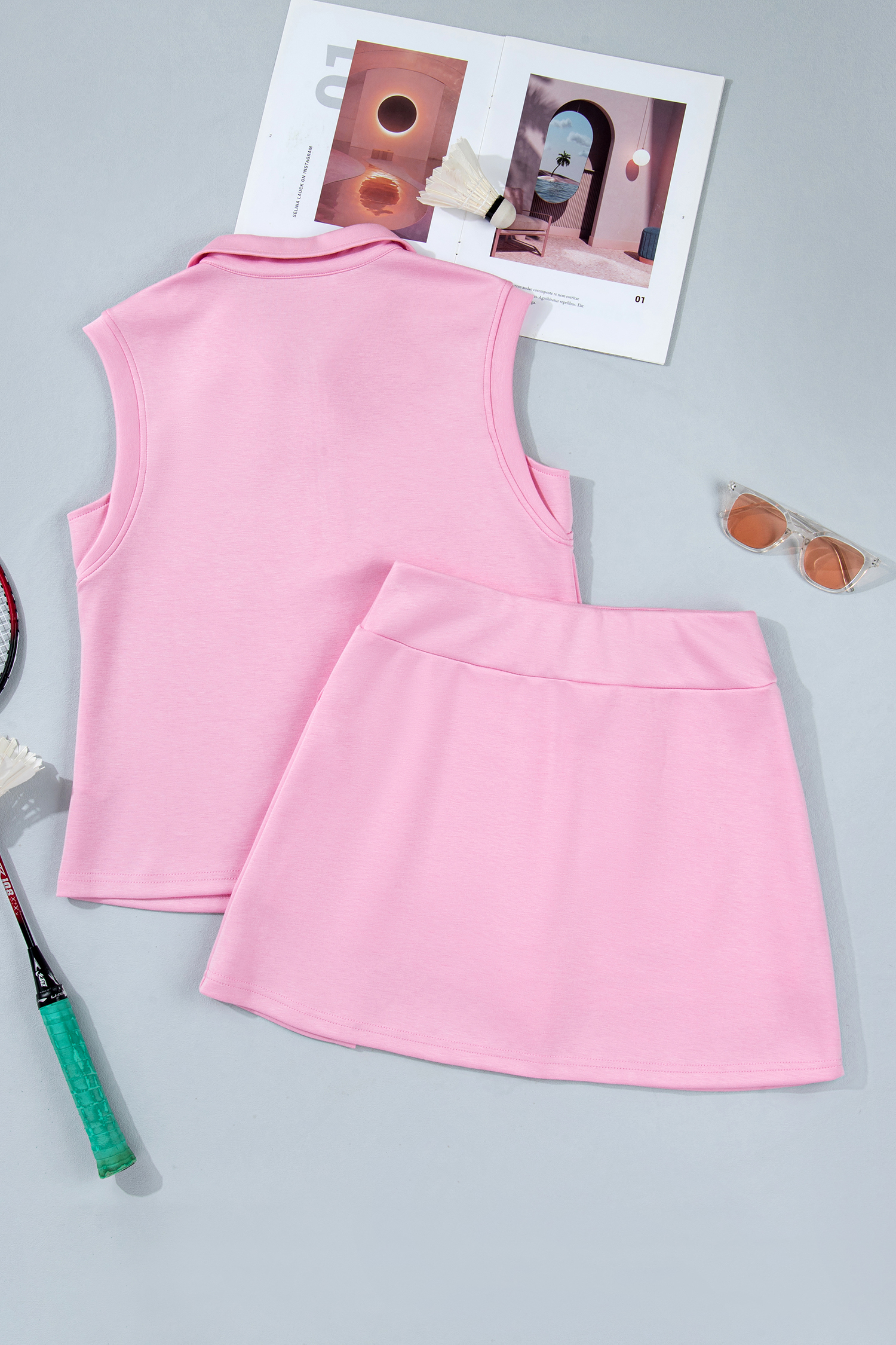 Pink Solid Color Sleeveless Zipper Tank and Skort Set view 12