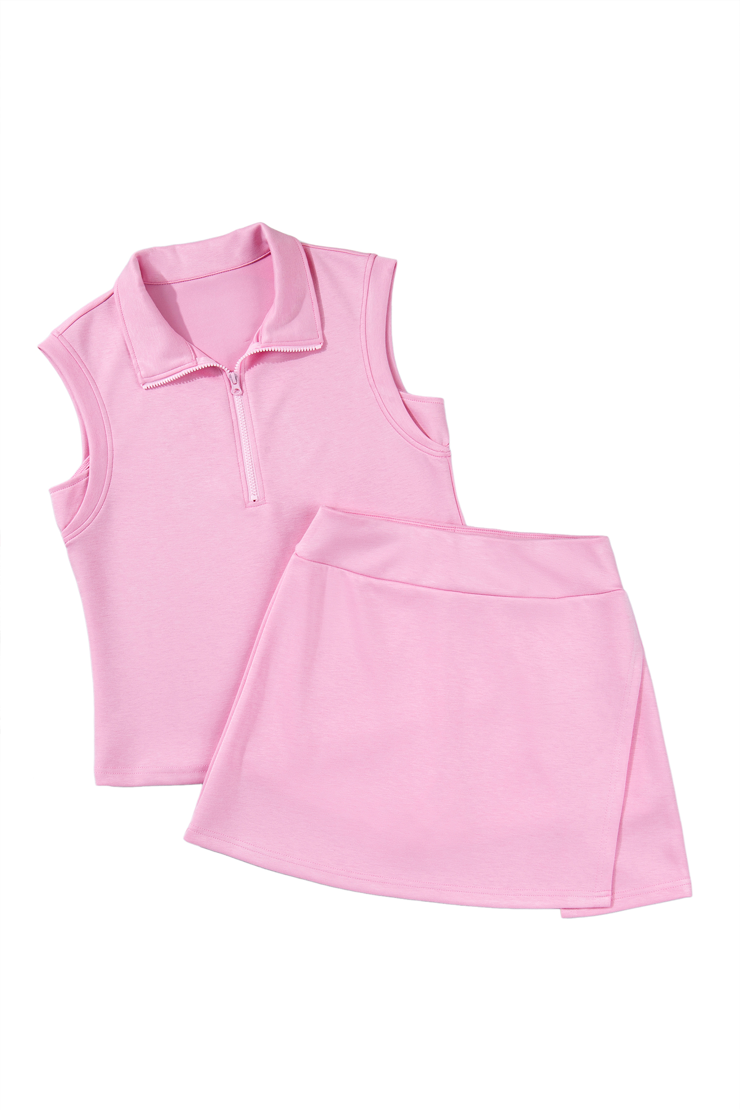 Pink Solid Color Sleeveless Zipper Tank and Skort Set view 23