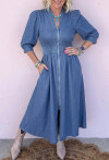 Blue V Neck Shirred Waist Metal Zipper Denim Midi Dress