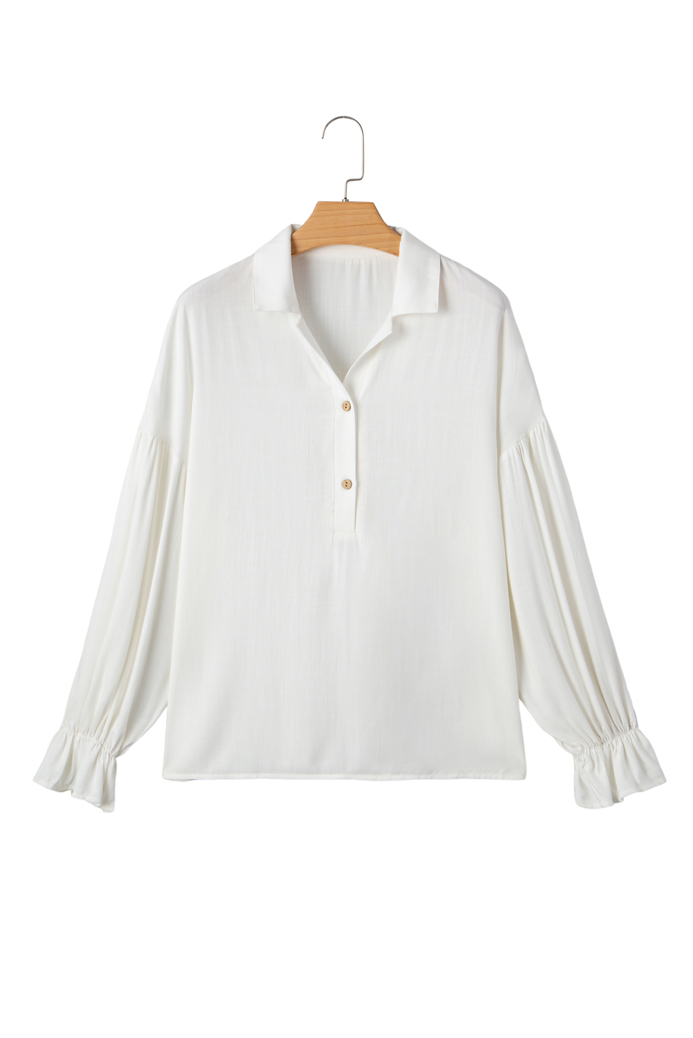 White Ruffle Elastic Cuffs Puffy Long Sleeve Button Down Shirt view 17