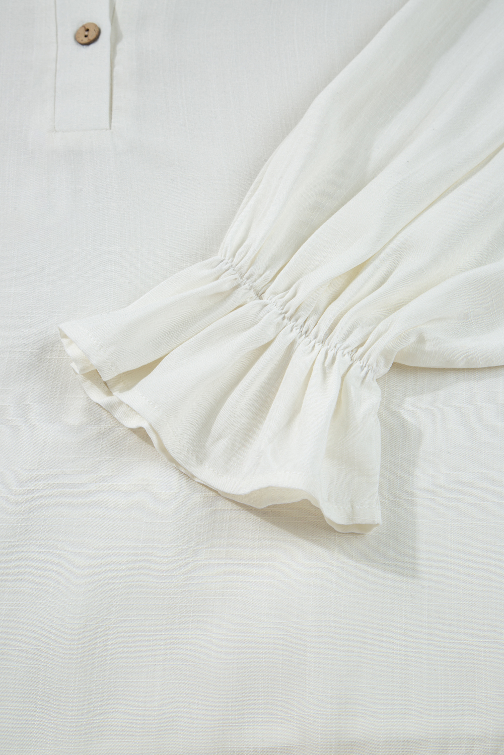 White Ruffle Elastic Cuffs Puffy Long Sleeve Button Down Shirt view 13