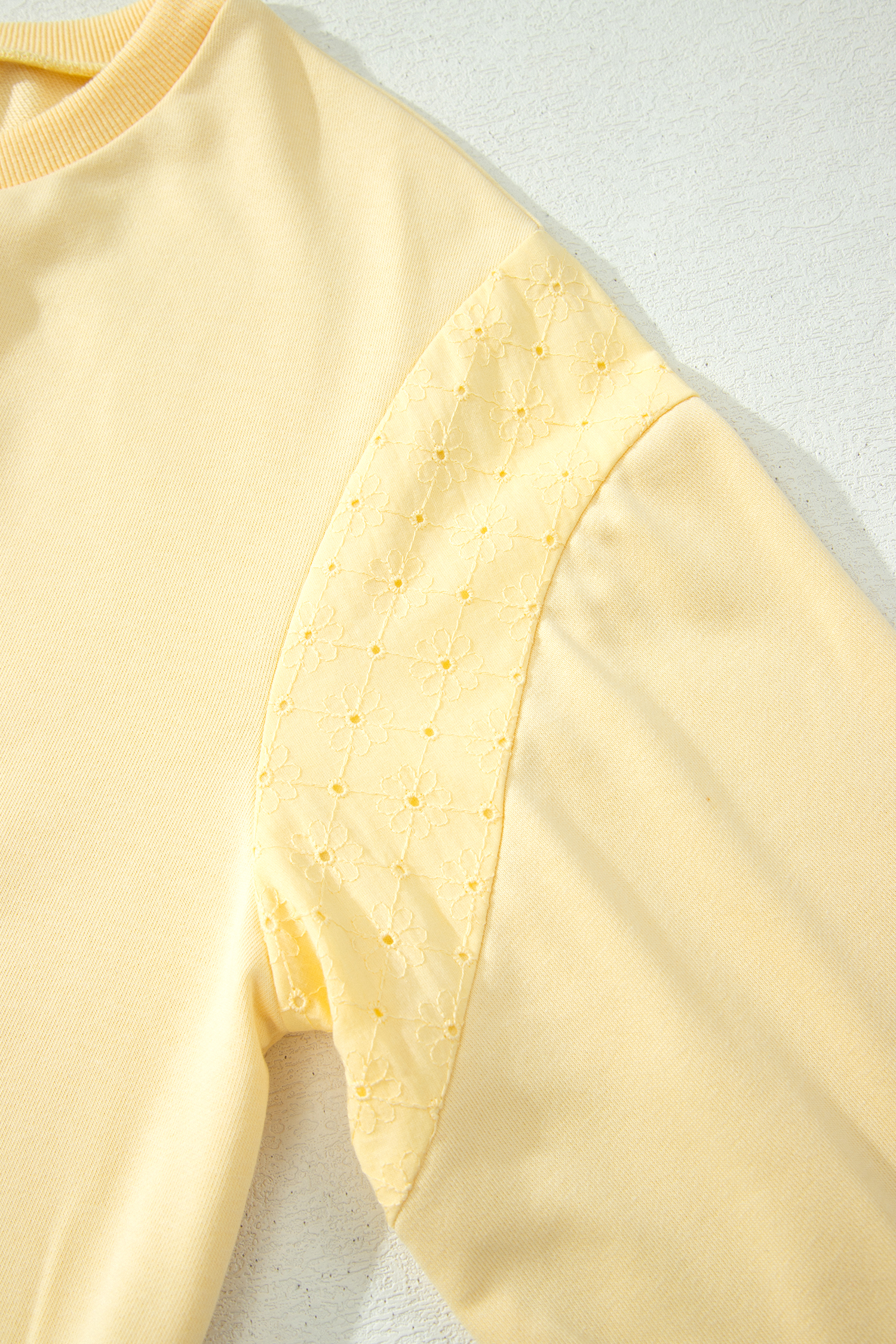Yellow Cream Eyelet Embroidered Lace Patchwork Cropped Pullover Drawstring Pants Set