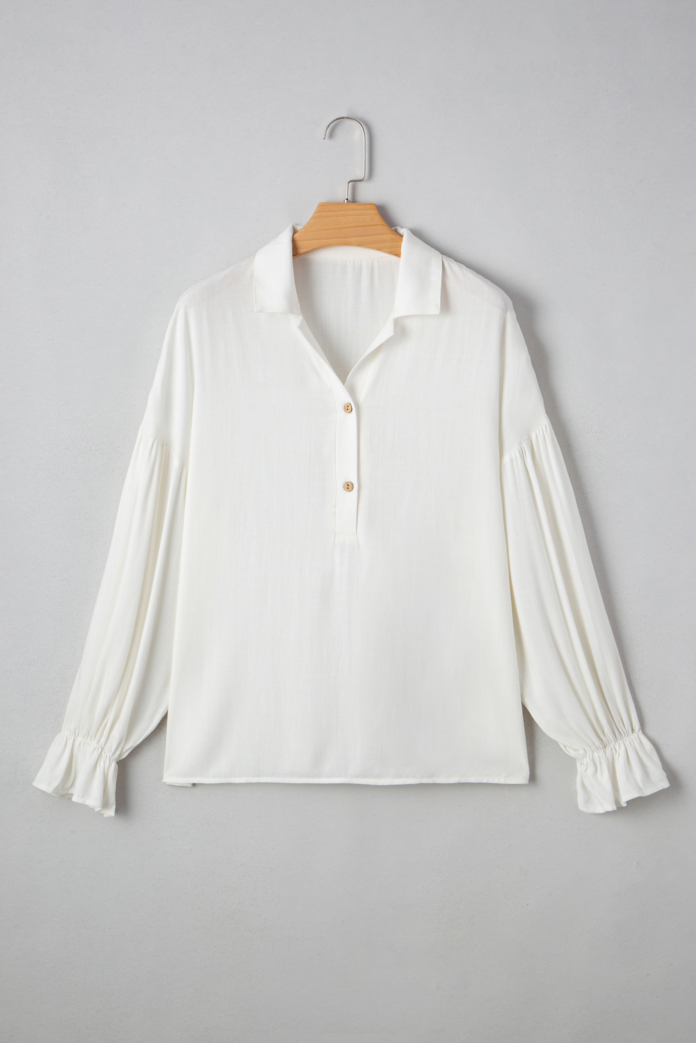 White Ruffle Elastic Cuffs Puffy Long Sleeve Button Down Shirt view 9