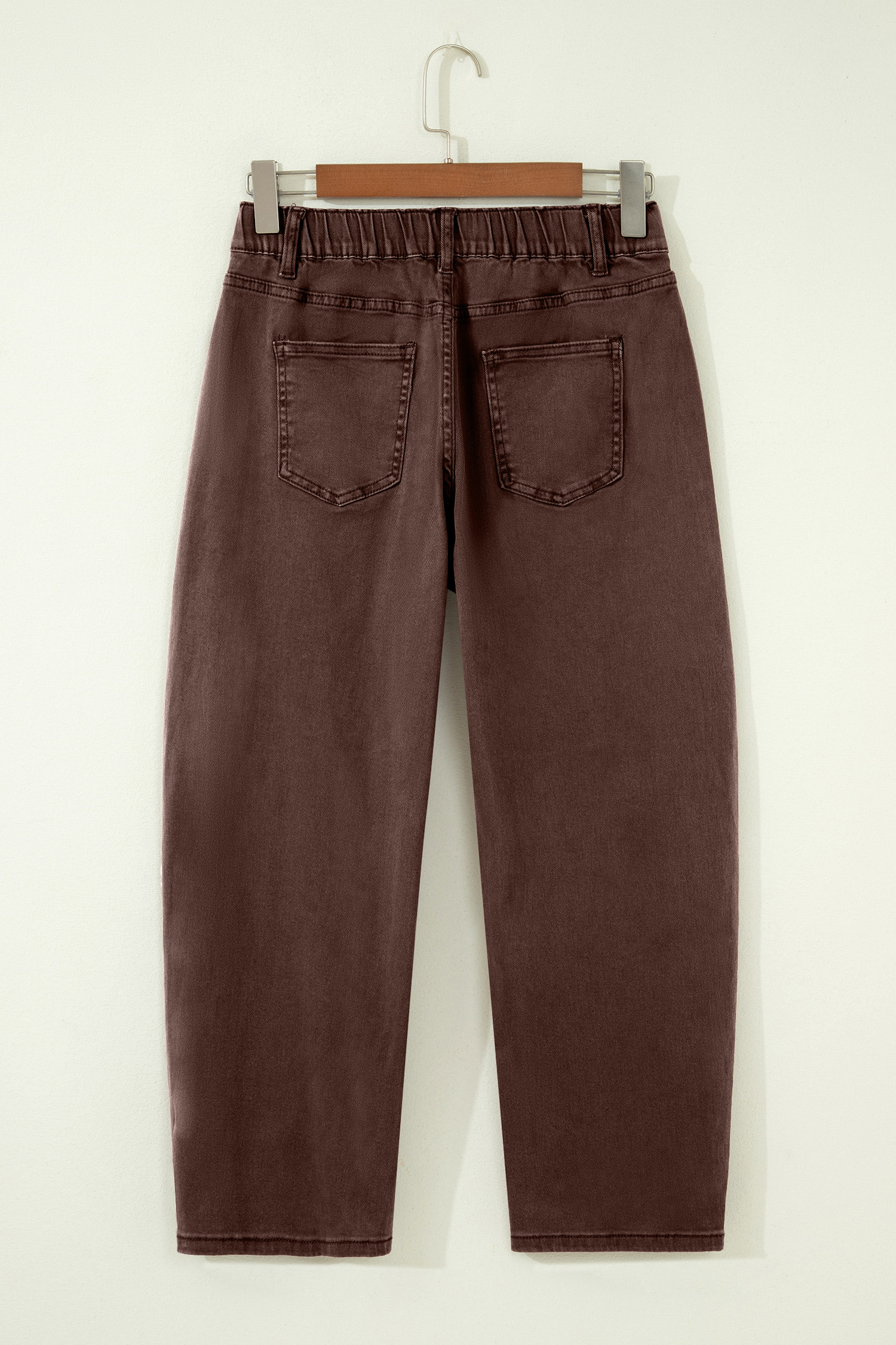 Coffee Solid Color Square Patch Pocket Ankle-length Barrel Jeans view 11