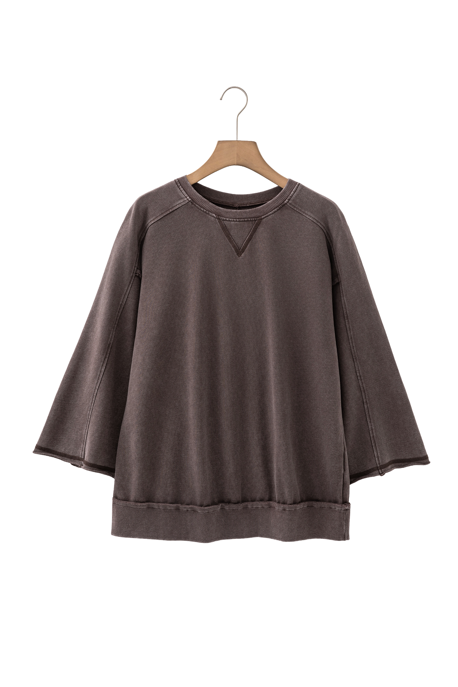 Dark Brown 3/4 Sleeve Mineral Wash Loose Cotton Top view 15