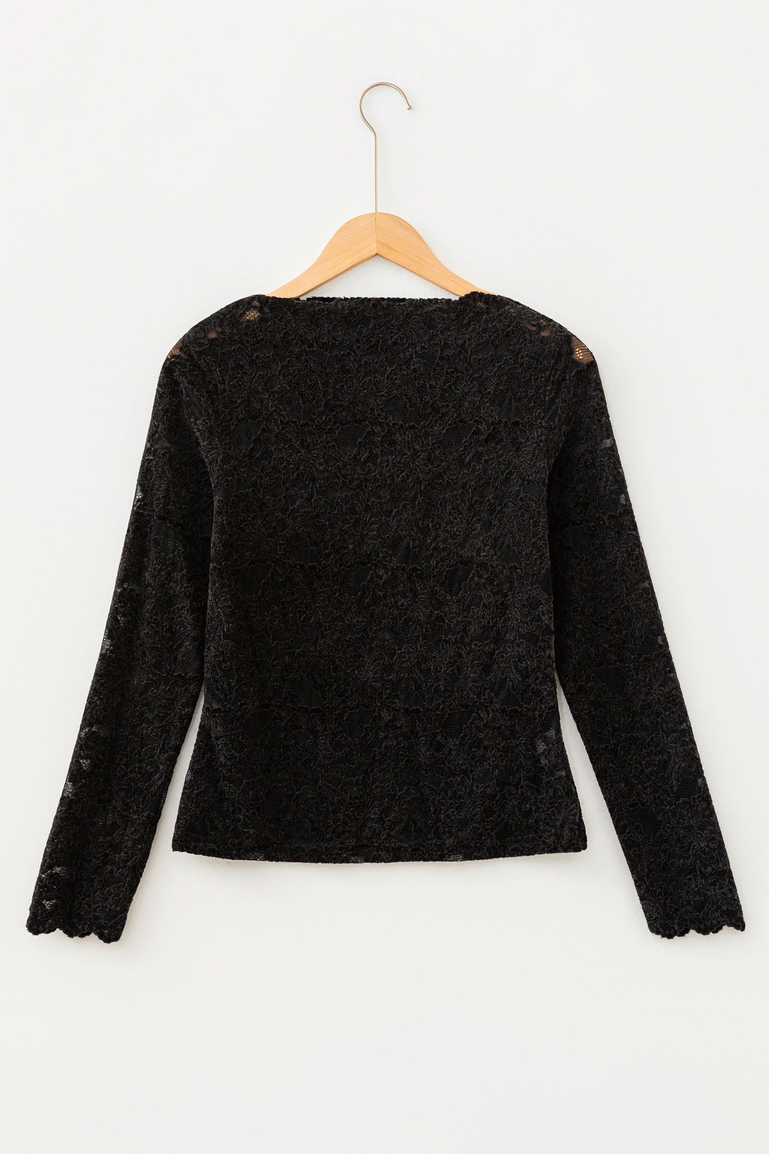 Black Elegant Stand Neck Lace Long Sleeve Top view 7