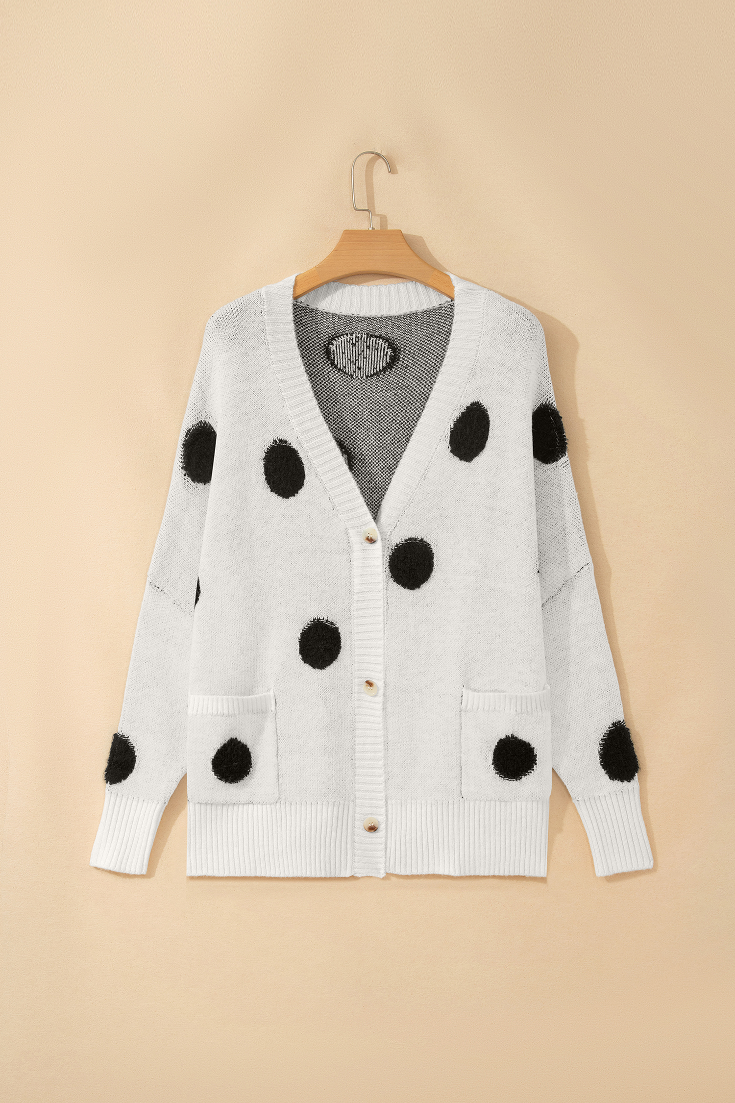Beige Polka Dot Button Front Oversized V Neck Cardigan view 13