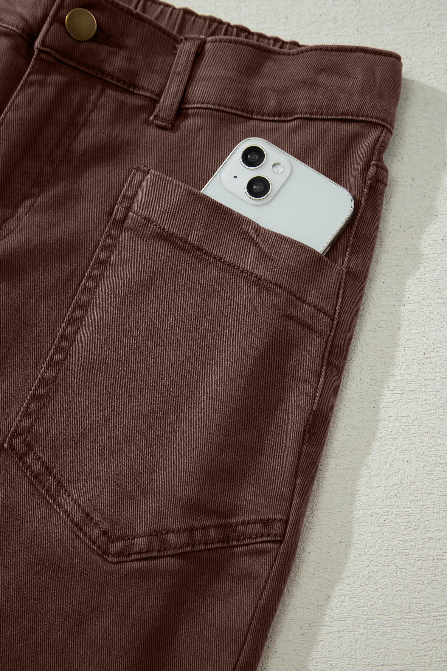 Coffee Solid Color Square Patch Pocket Ankle-length Barrel Jeans view 17