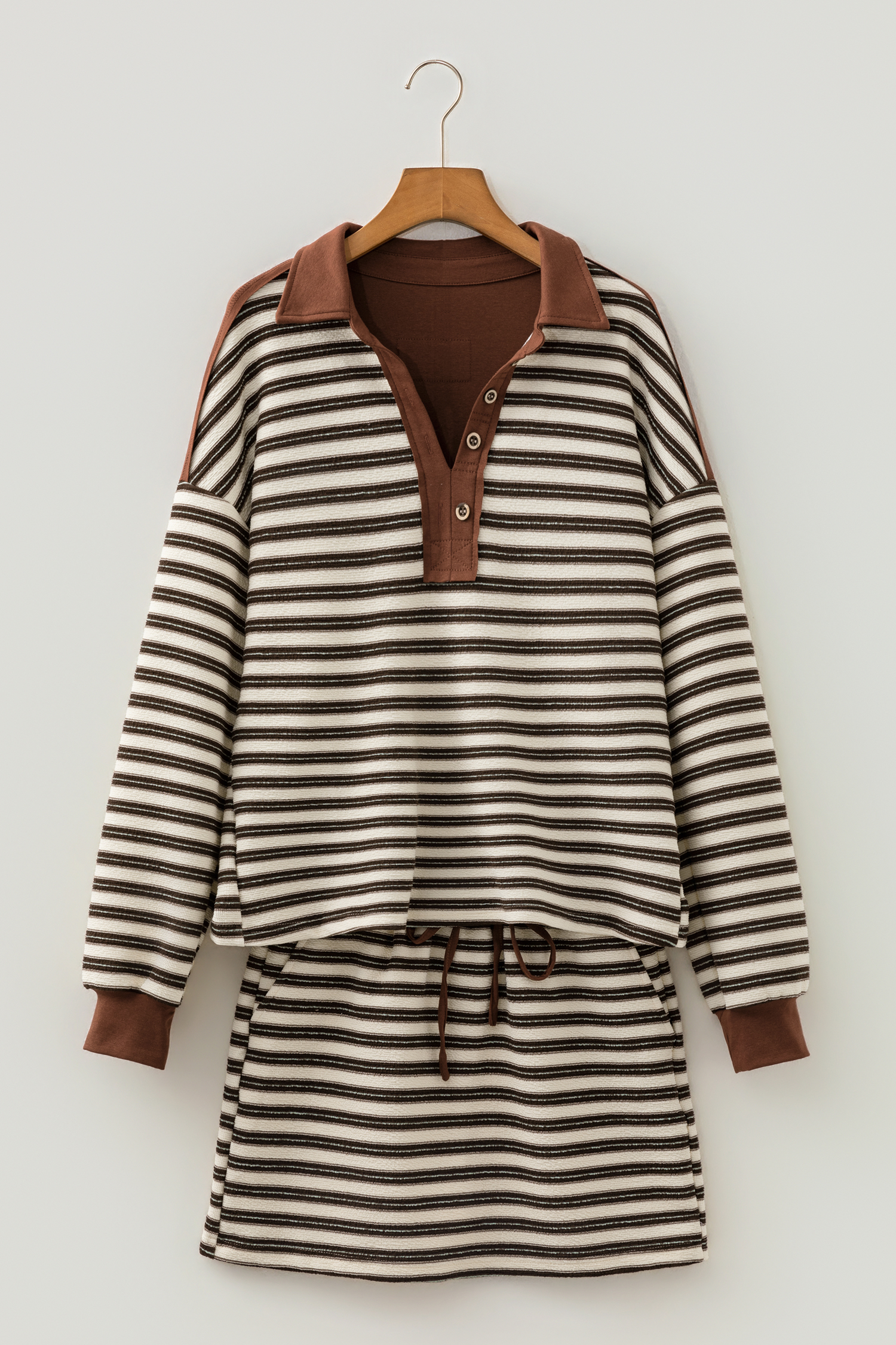 Brown Stripe Contrast Trim Button Neck Long Sleeve Top Drawstring Mini Skirt Set