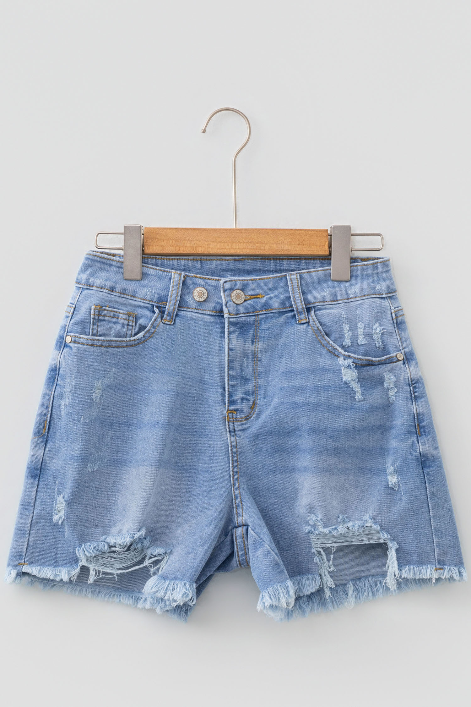 Beau Blue Asymmetric Raw Hem Distressed Whiskery Denim Shorts