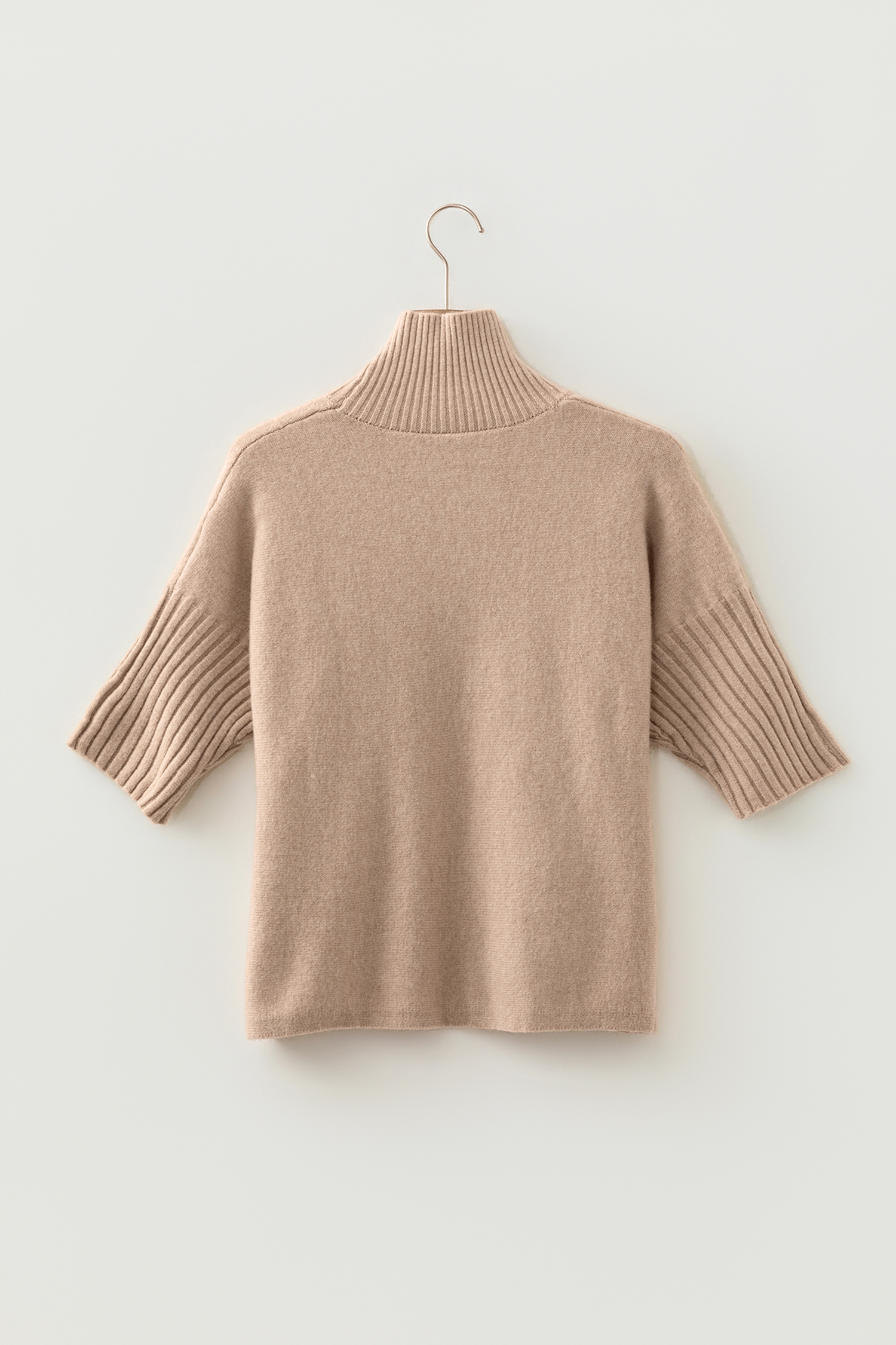 Beige Ribbed Trim High Neck Short Sleeve Casual Sweater