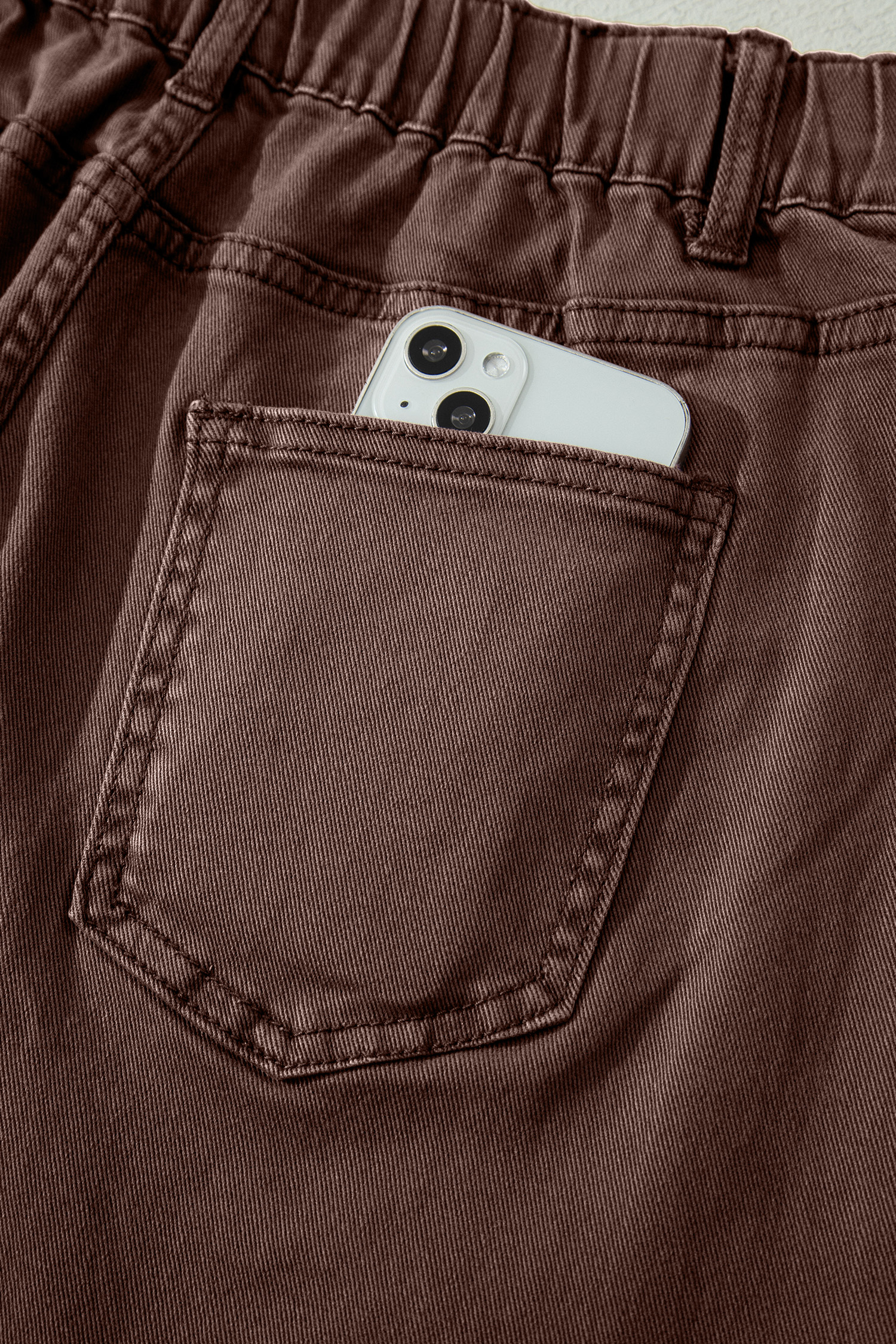 Coffee Solid Color Square Patch Pocket Ankle-length Barrel Jeans view 14