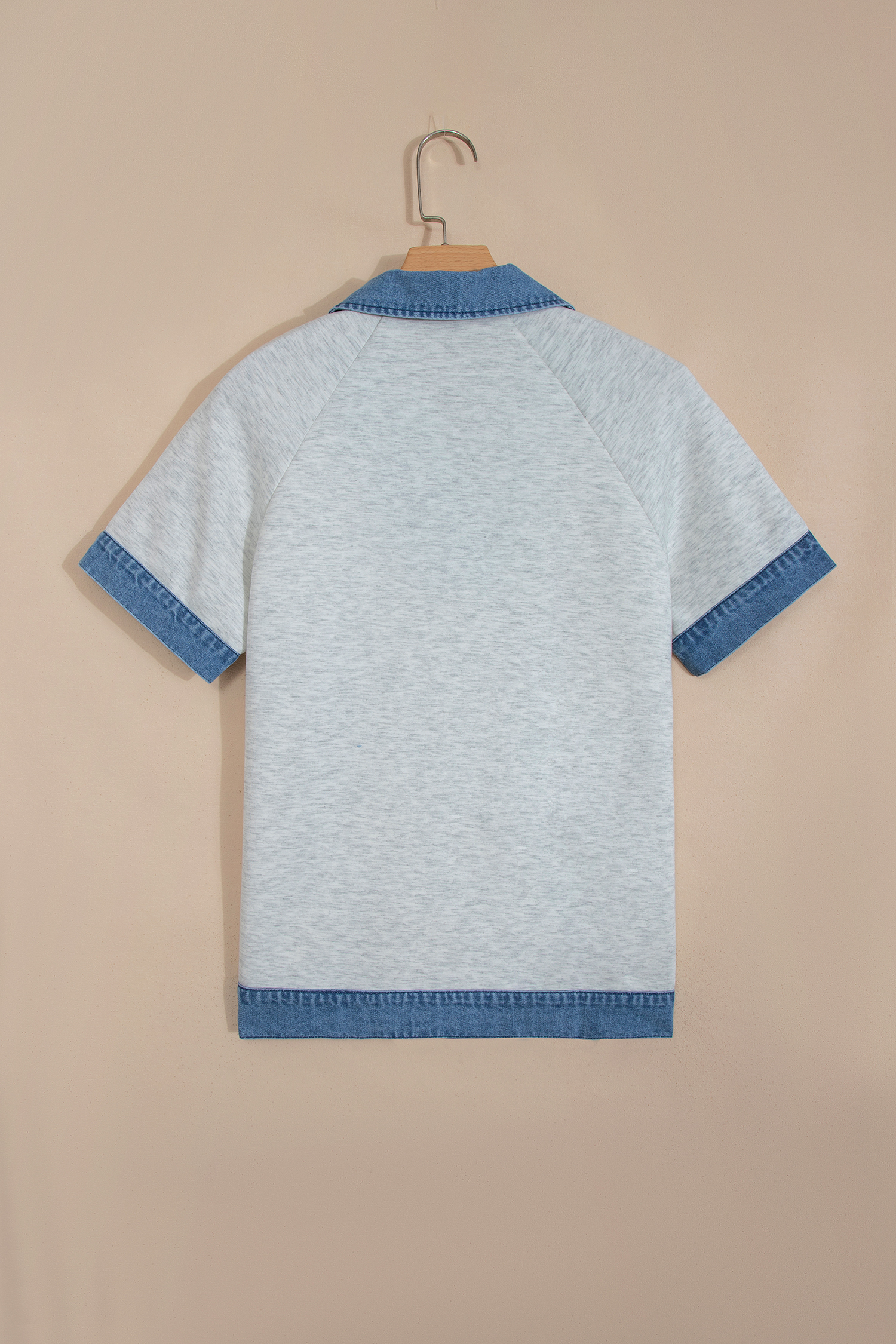 Light Grey Denim Contrast Collar Cuffed Short Sleeve Top view 4