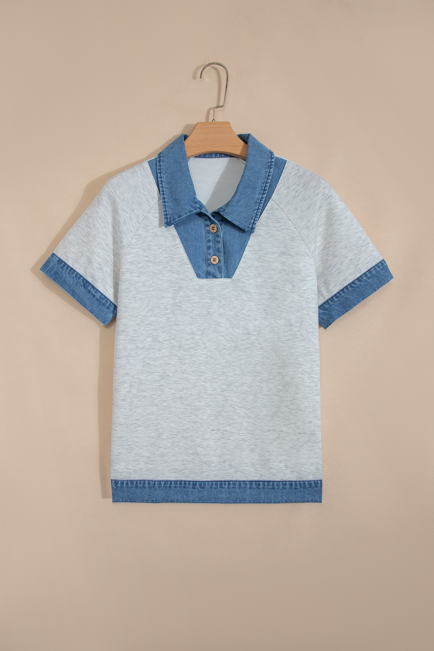 Light Grey Denim Contrast Collar Cuffed Short Sleeve Top view 3